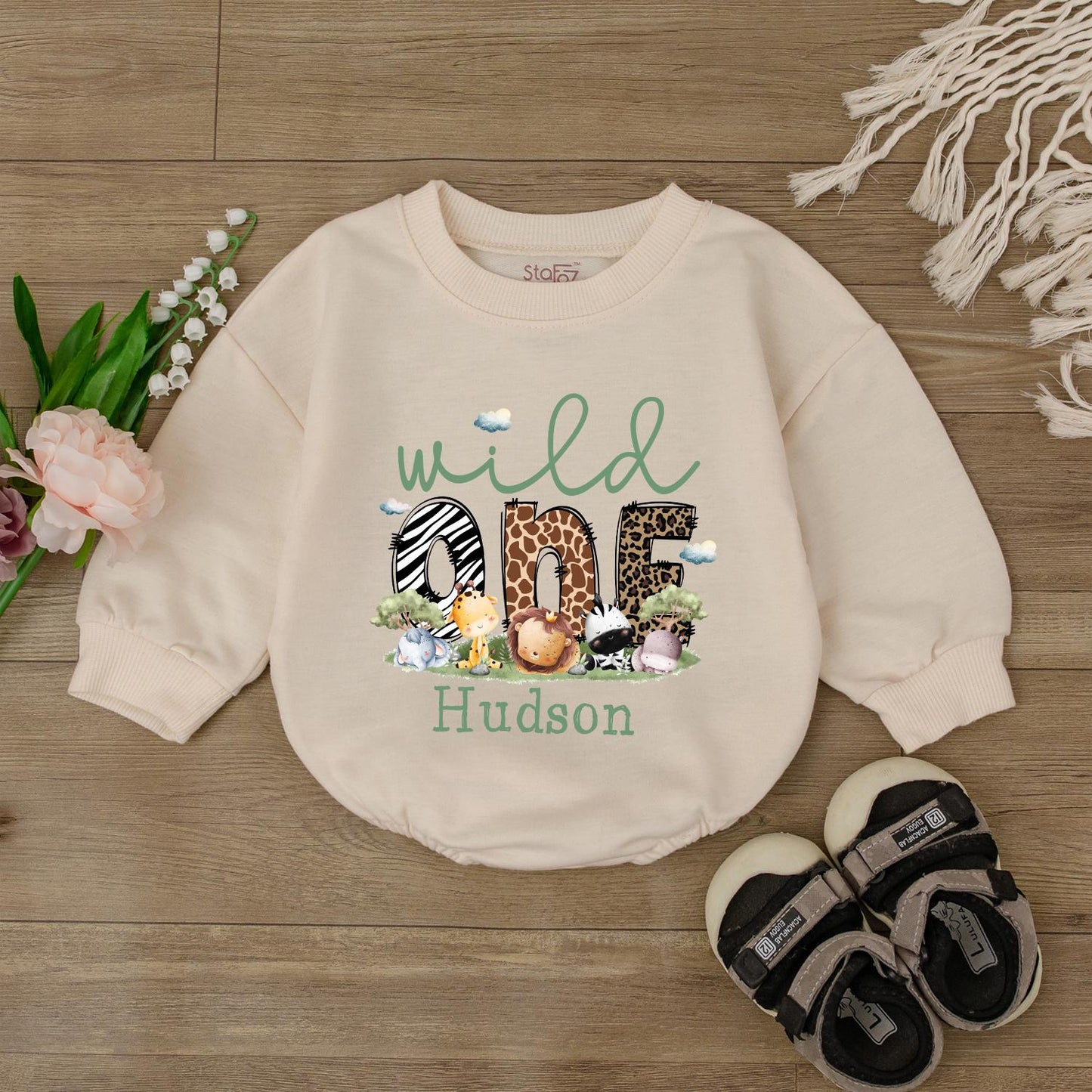 Personalized Wild One Safari Bubble Romper Adorable Baby Boys Clothes 1st Birthday Outfit Jungle Animal Theme Shower Gift