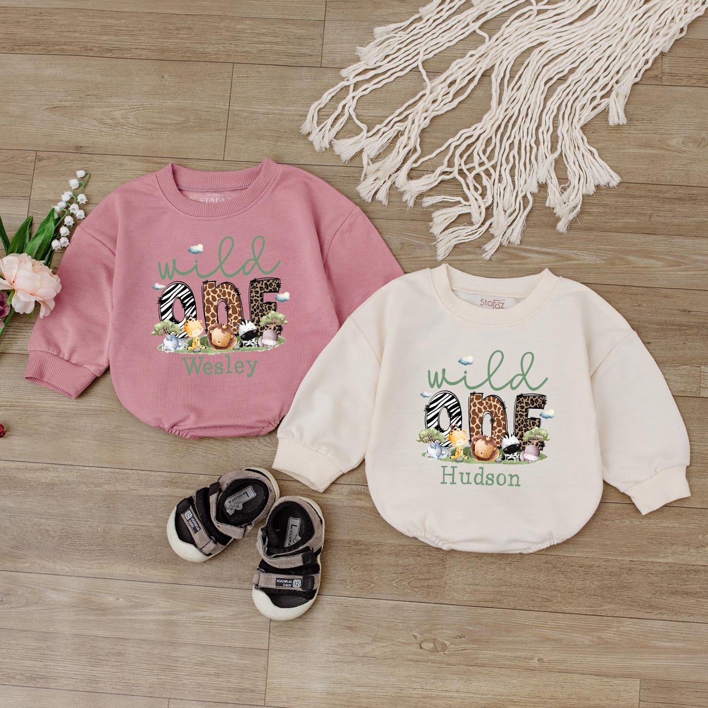 Personalized Wild One Safari Bubble Romper Adorable Baby Boys Clothes 1st Birthday Outfit Jungle Animal Theme Shower Gift
