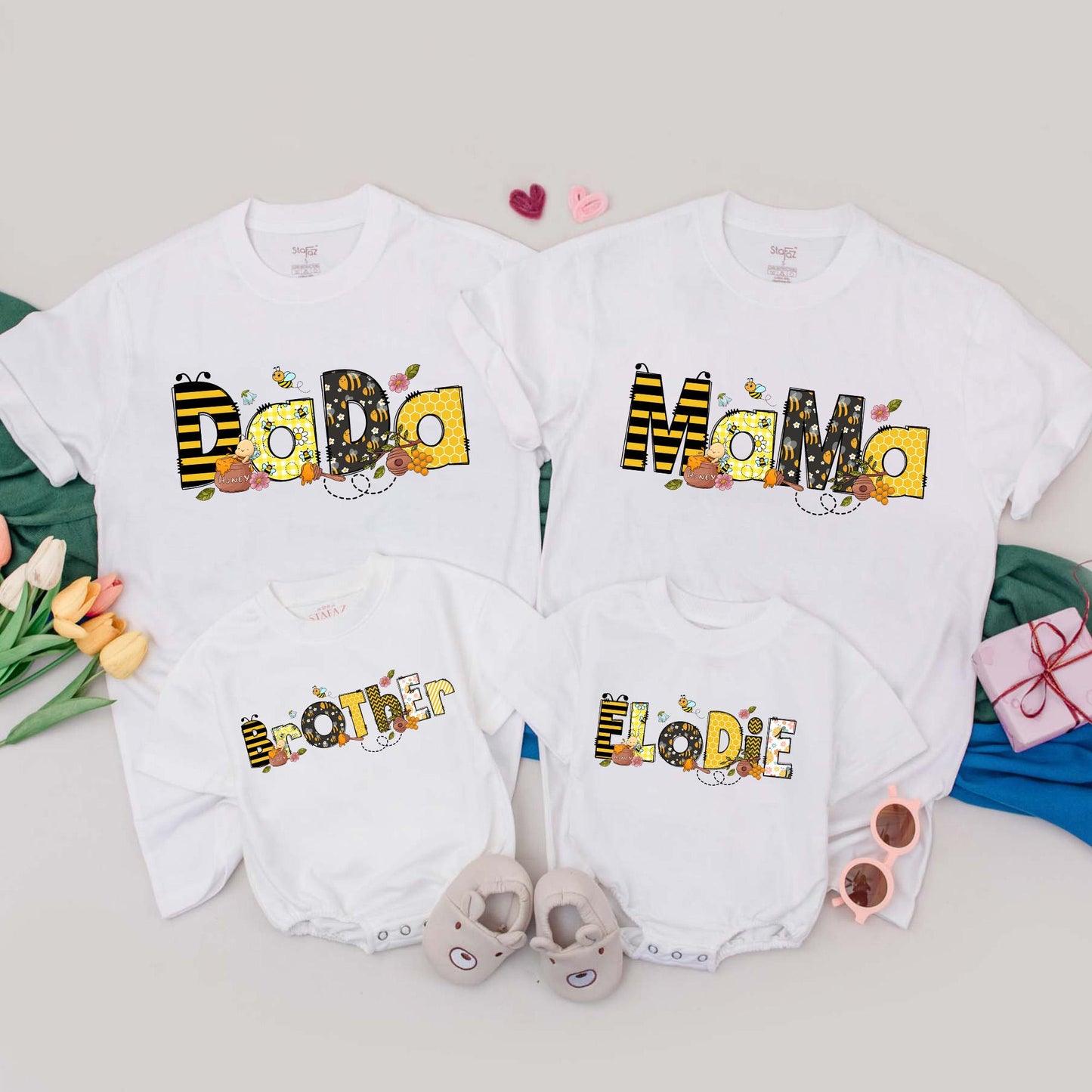 Personalized Bees Family First Birthday T-Shirt Romper Cute Bee Theme Mommy and Me Matching Outfit Baby Shower Gift Cotton