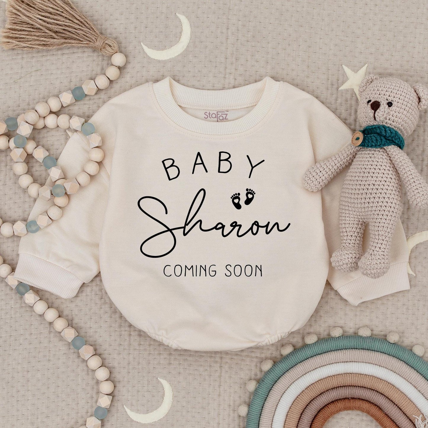 Personalized Baby Announcement Romper Custom Coming Soon Bodysuit Minimalist Black Footprint Newborn Gift Pregnancy Reveal