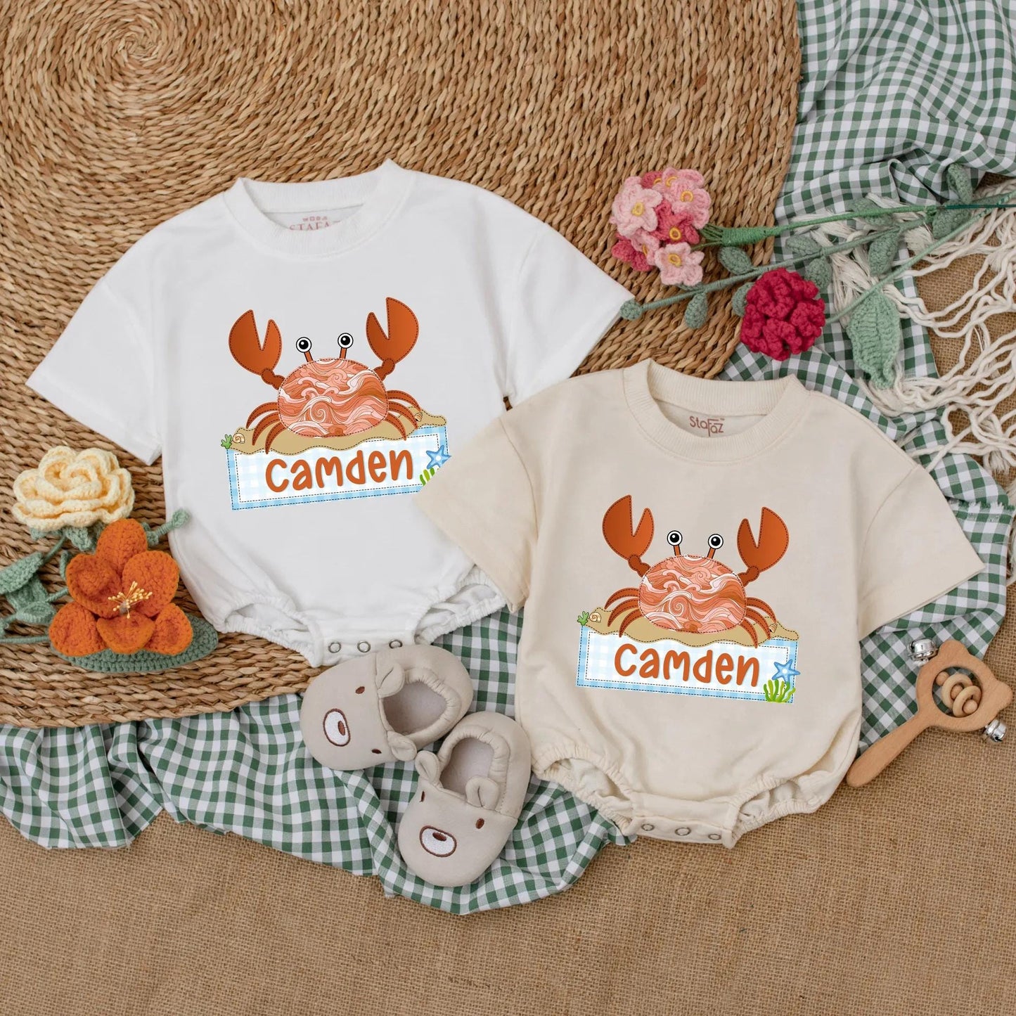 Personalized Cute Crab Baby Romper with Adorable Beach Theme Bodysuit, Soft Summer Outfit for Newborn Girl Boy Baby Shower Gift