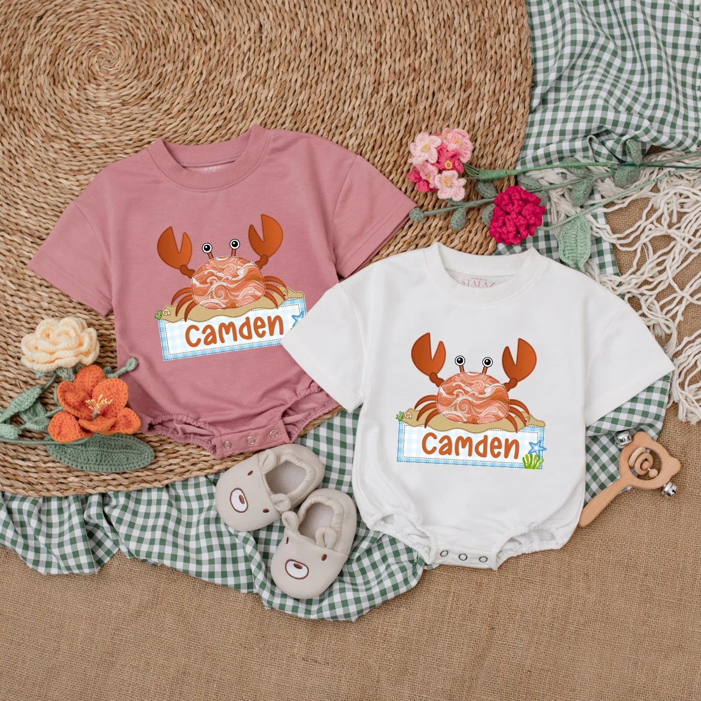 Personalized Cute Crab Baby Romper with Adorable Beach Theme Bodysuit, Soft Summer Outfit for Newborn Girl Boy Baby Shower Gift
