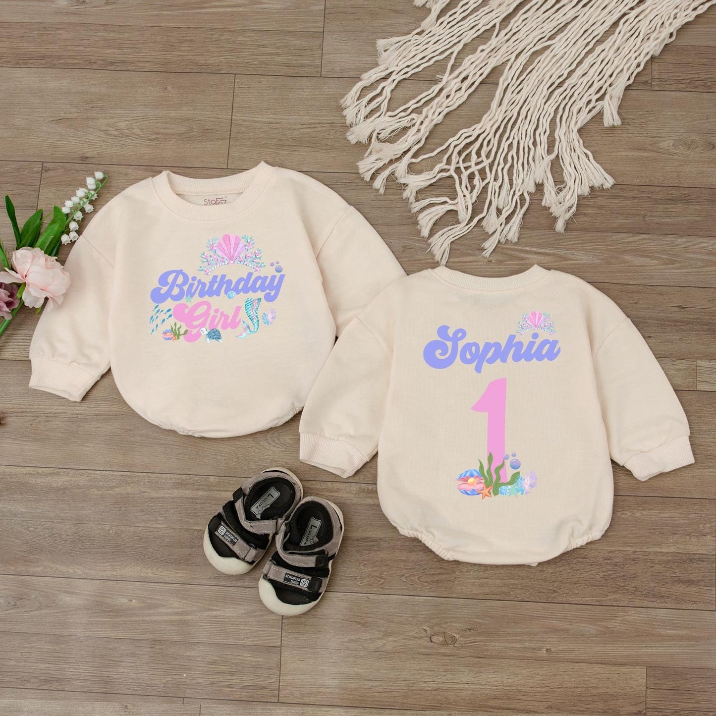 Sparkling Mermaid Birthday Girl Outfit Personalized Baby Romper First Birthday Bodysuit Custom Name Ocean Theme Baby Gift