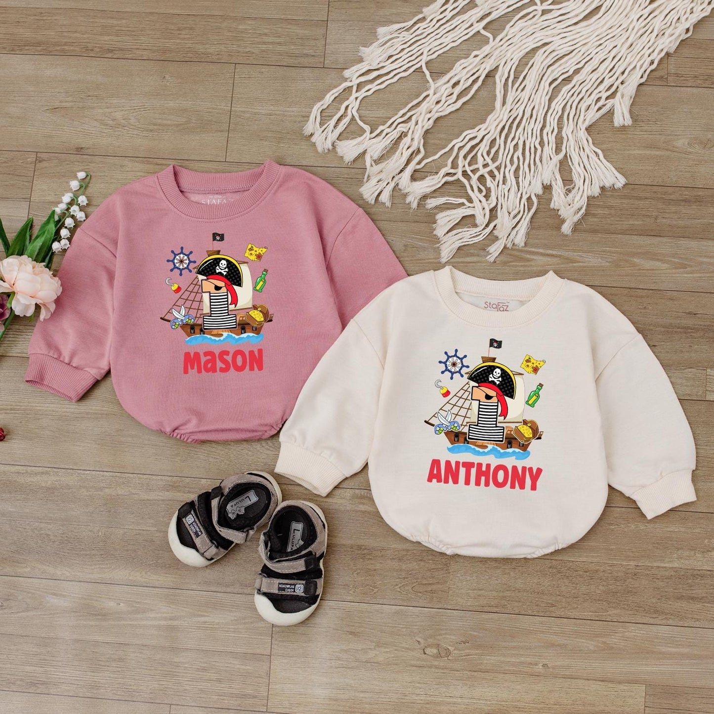Pirate Baby Romper - Personalized Custom Name Bodysuit First Birthday Outfit Boy Gift - Ocean Theme Toddler Clothes