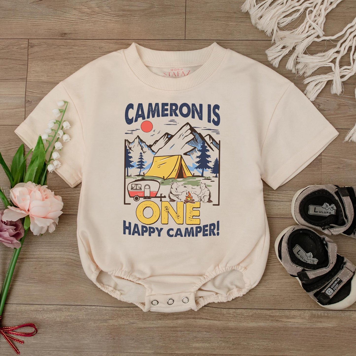 Happy Camper 1st Birthday Romper Baby Outfit, Custom Name Bodysuit, Outdoor Theme Baby Boy or Girl Gift
