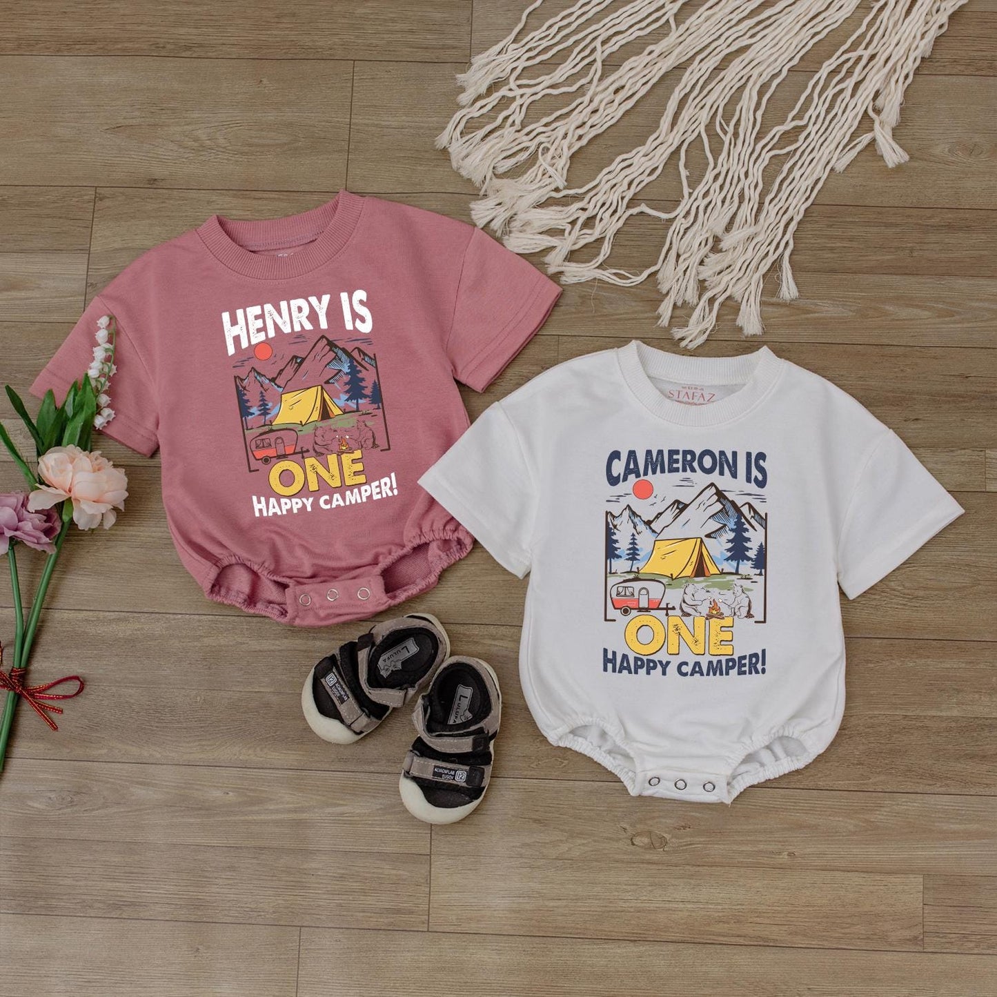 Happy Camper 1st Birthday Romper Baby Outfit, Custom Name Bodysuit, Outdoor Theme Baby Boy or Girl Gift
