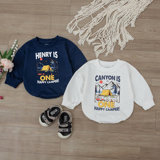 Personalized Happy Camper First Birthday Baby Girl Romper with Name, a Soft Comfortable Cotton Outdoor Theme Bodysuit Outfit Gift Idea