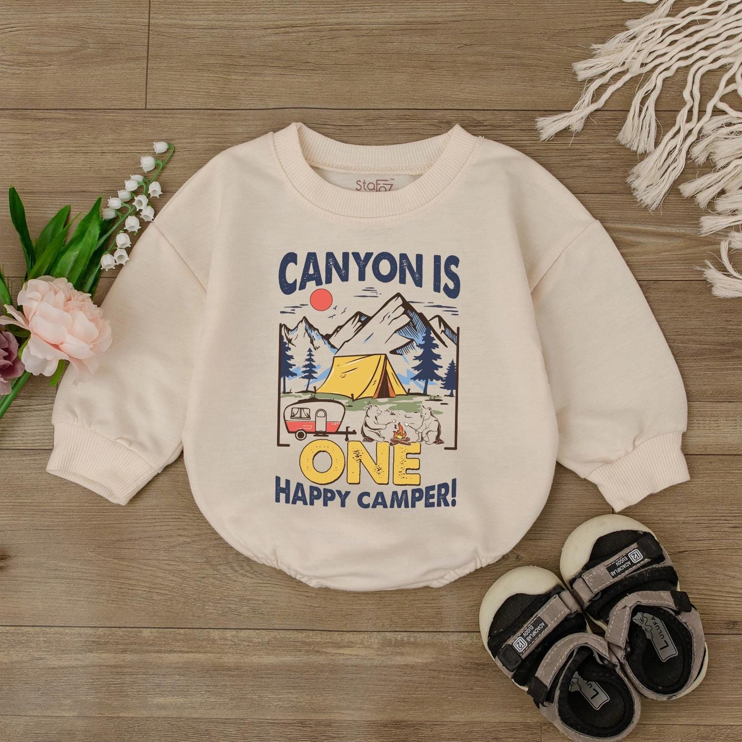 Personalized Happy Camper First Birthday Baby Girl Romper with Name, a Soft Comfortable Cotton Outdoor Theme Bodysuit Outfit Gift Idea