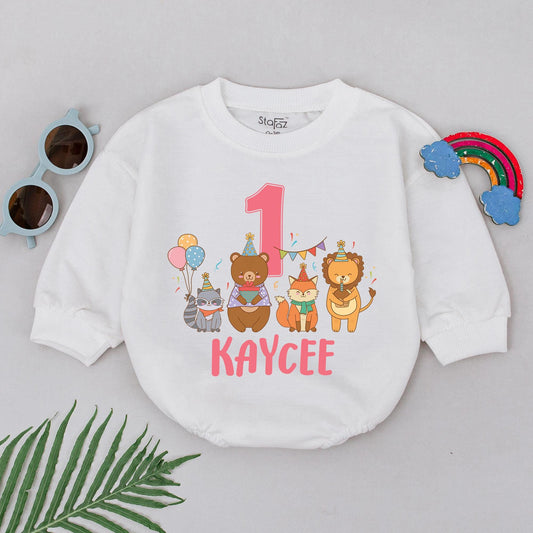KAYCEE Personalized Zoo Animals Birthday Romper Wild One Safari Party Bubble Outfit