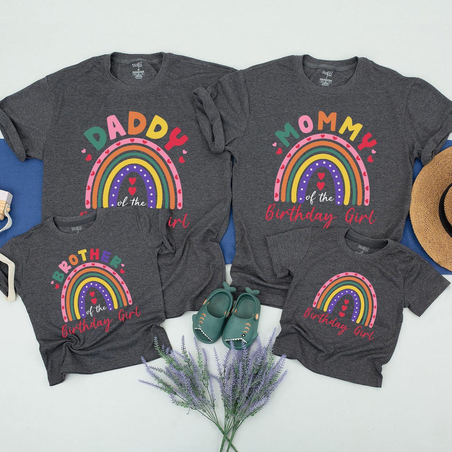 Mom Dad Birthday Girl Rainbow Matching Shirts & Baby Girl Romper Family Celebration Outfit Toddler Fun