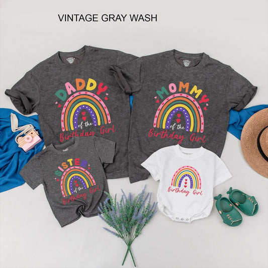 Mom Dad Birthday Girl Rainbow Matching Shirts & Baby Girl Romper Family Celebration Outfit Toddler Fun