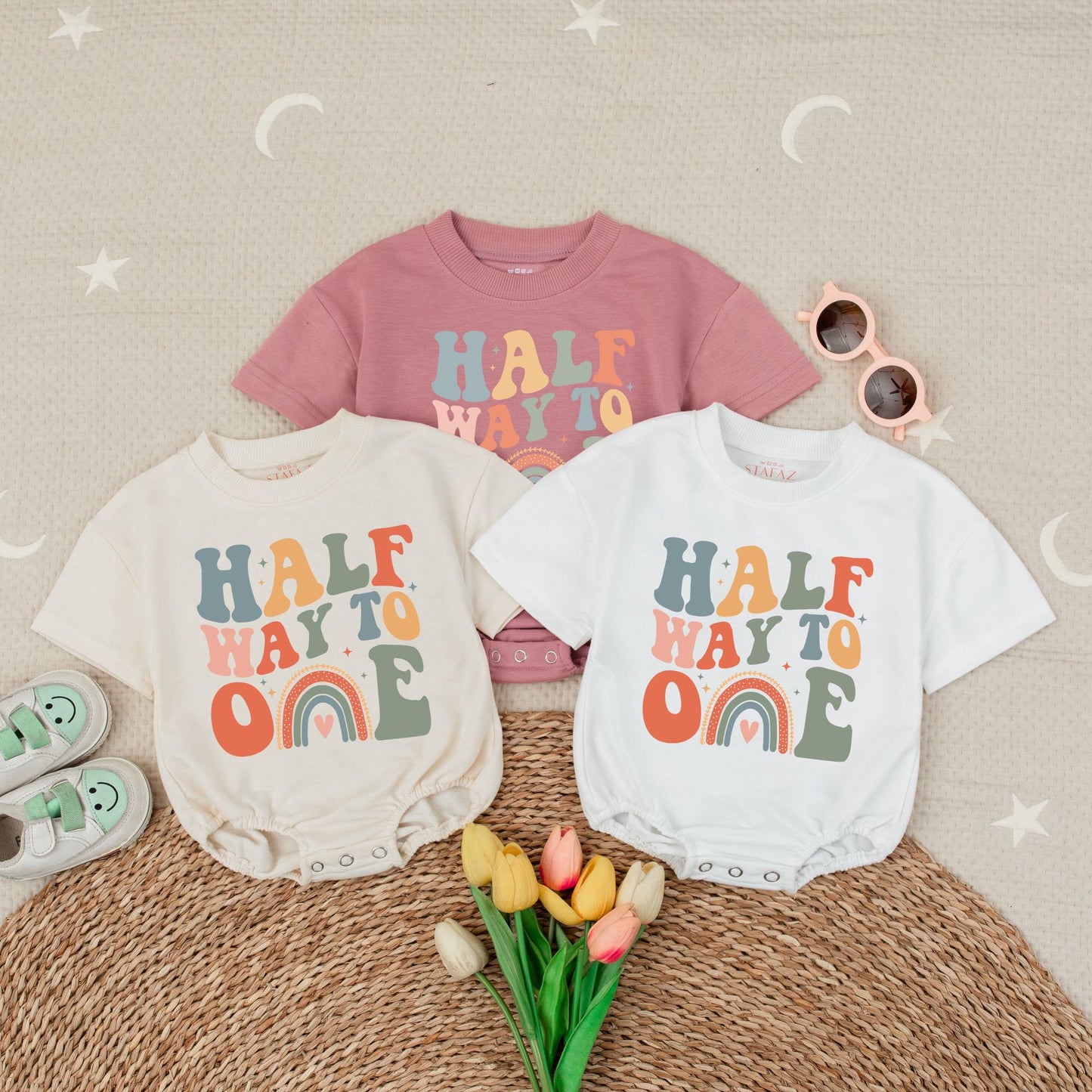 Half Way To One Bubble Romper for Baby Girl Boho Minimalist Outfit 1st Birthday Celebration Gift