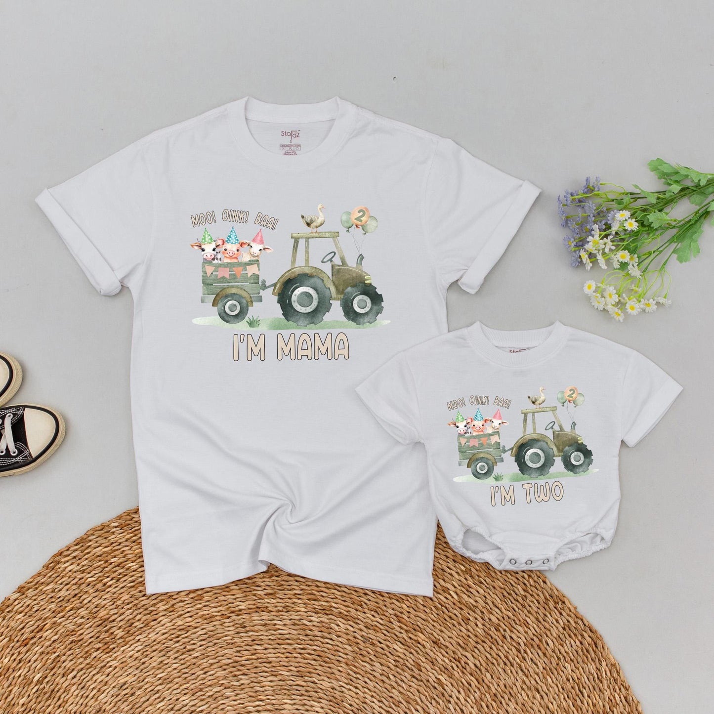 Farm 2nd Birthday Matching Family Shirts Tractor Animals Balloons MOO OINK BAA Daddy Mama Brother Two Tee