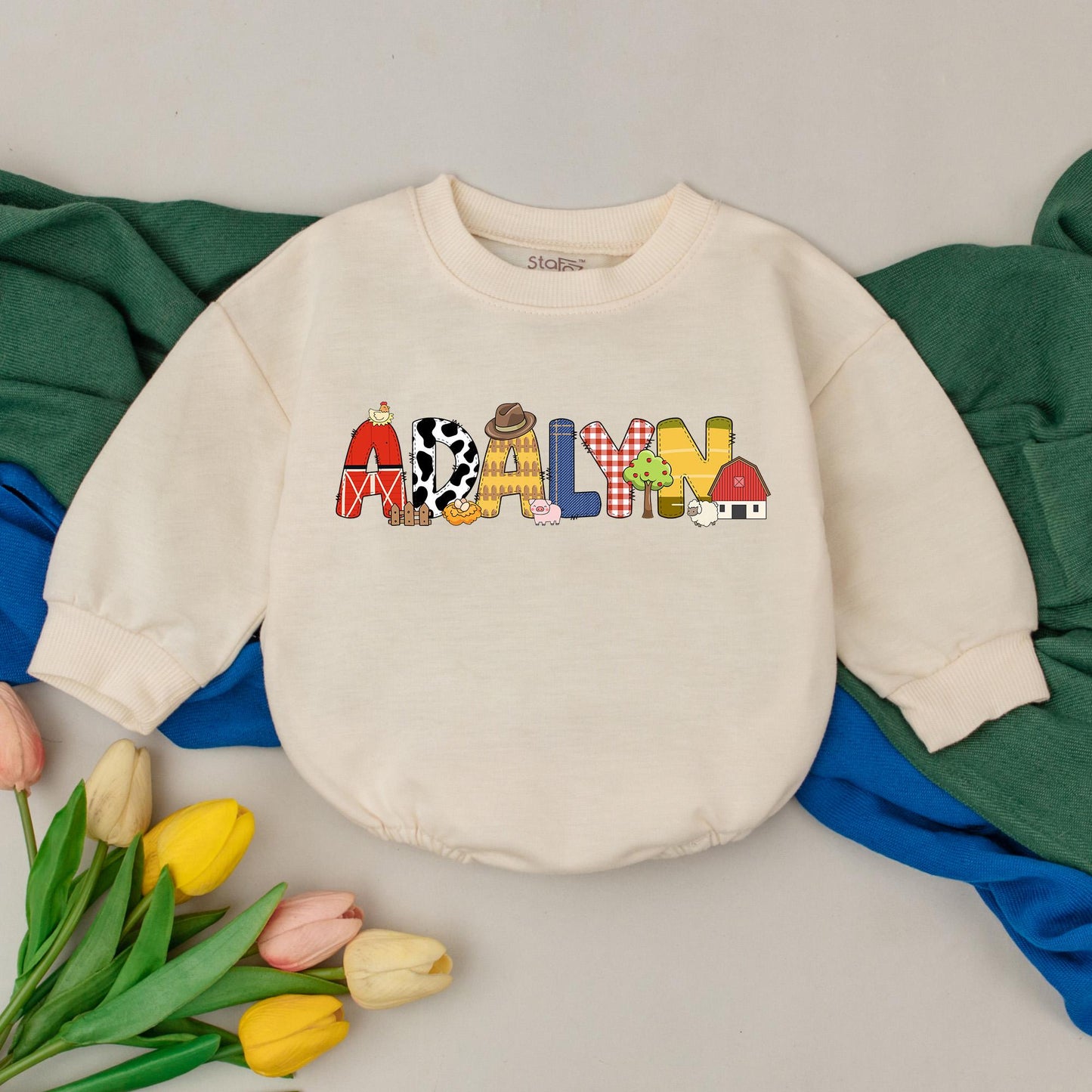 Personalized Farm Animal Birthday Romper Baby Boy Girl Barnyard Outfit Custom Name Country Western Gift for Shower