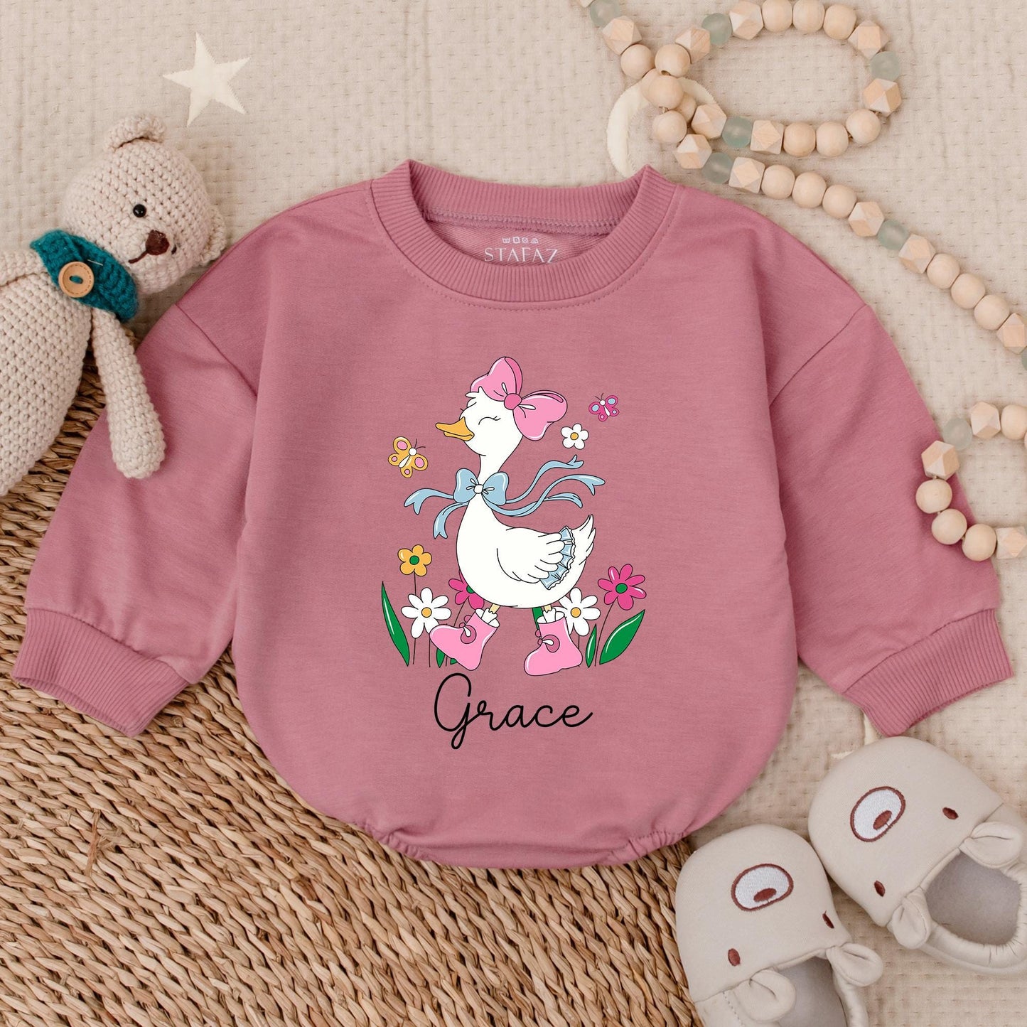Pink Goose Baby Girl Romper, Spring Floral Design, Newborn Gift, Coming Home Outfit, Funny Animal Clothes, Goose Bay Style