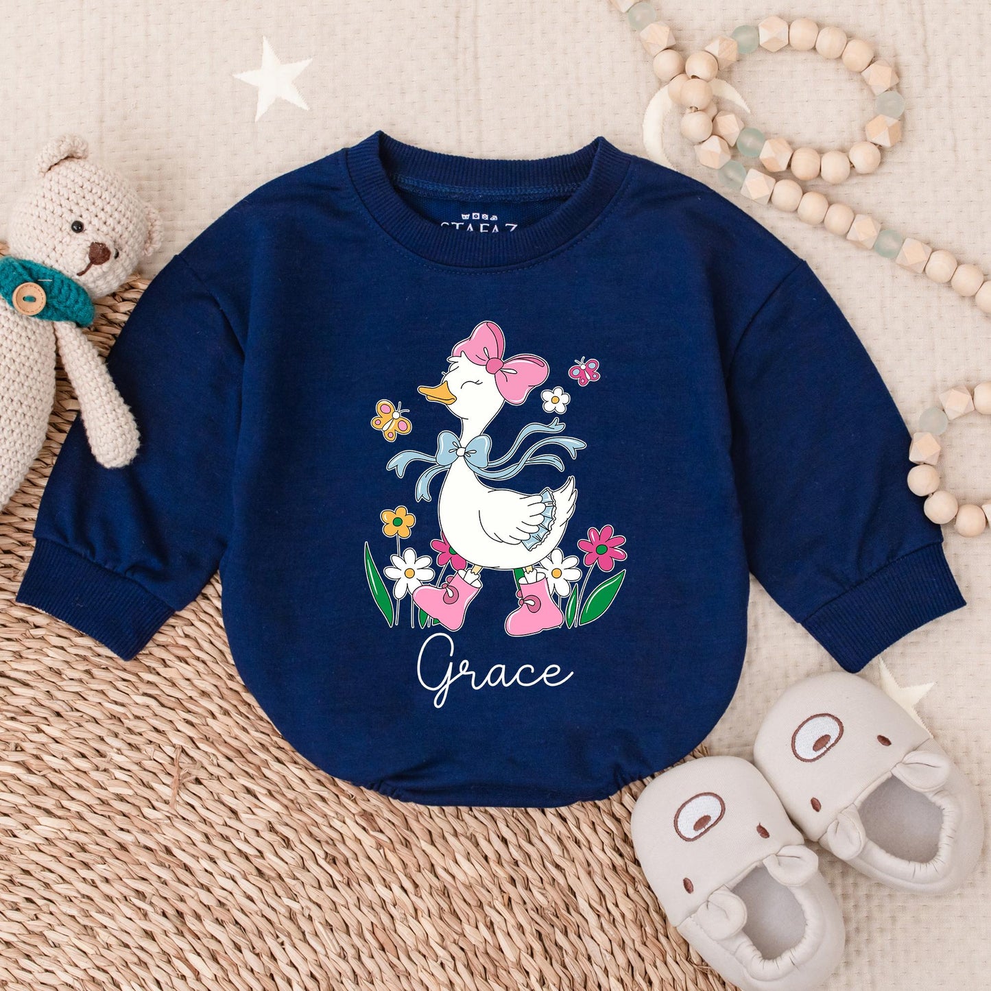Pink Goose Baby Girl Romper, Spring Floral Design, Newborn Gift, Coming Home Outfit, Funny Animal Clothes, Goose Bay Style