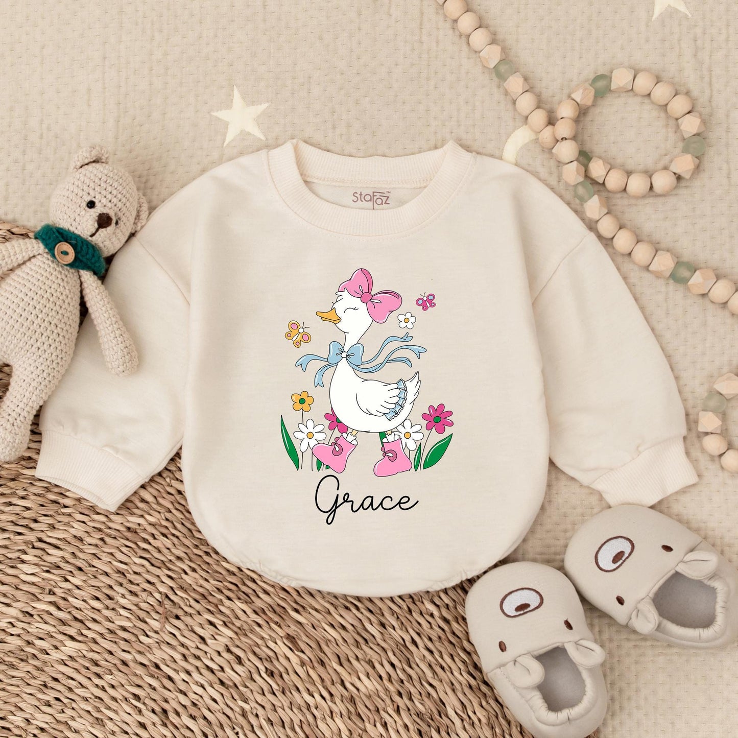 Pink Goose Baby Girl Romper, Spring Floral Design, Newborn Gift, Coming Home Outfit, Funny Animal Clothes, Goose Bay Style