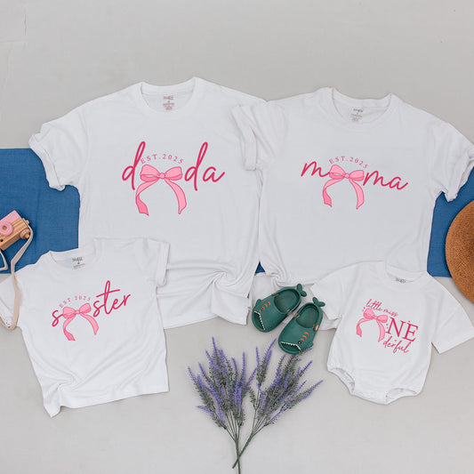 Pink Bow First Birthday Shirt for Girls Matching Family Coquette Birthday Party Outfit Mama Baby 1st Birthday Celebration