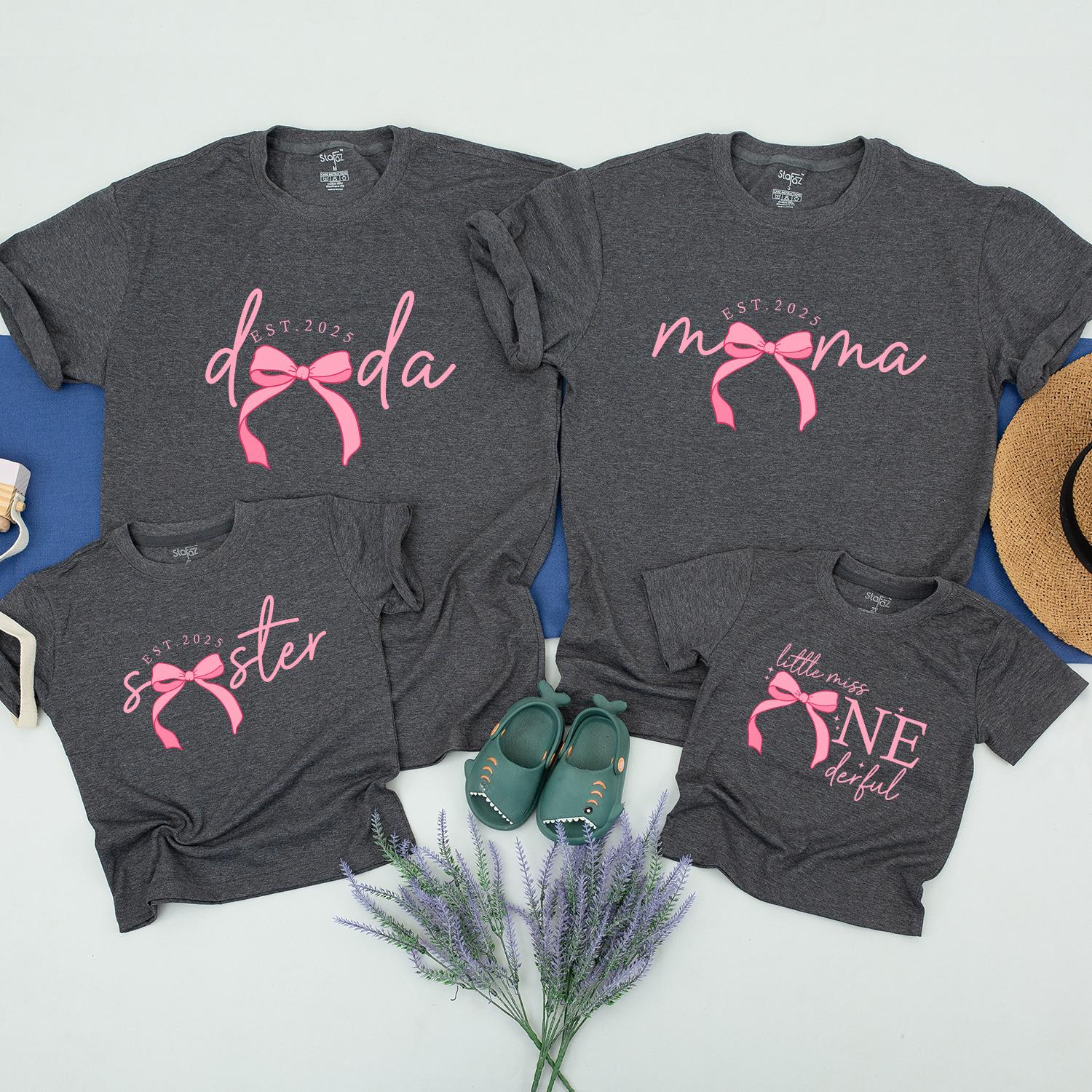 Pink Bow First Birthday Shirt for Girls Matching Family Coquette Birthday Party Outfit Mama Baby 1st Birthday Celebration