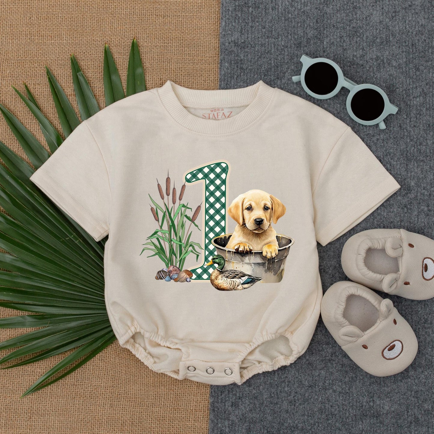 Mallard Duck & Lag Dog Baby Romper - Hunting Lucky Duck Baby Clothes, First Birthday Outfit, Trendy Animal Gift (138 chars)
