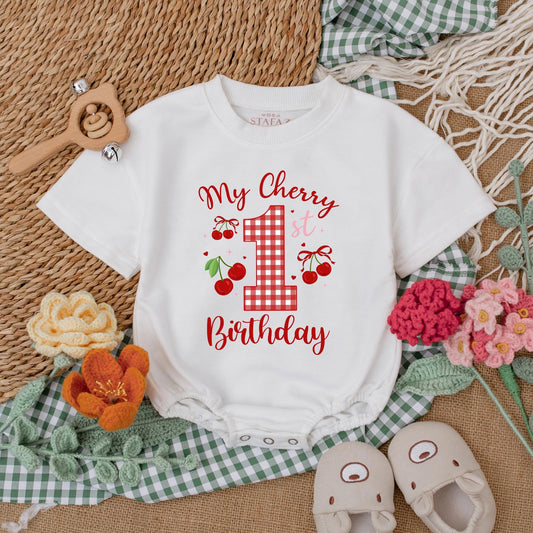Sweet One Cherry 1st Birthday Outfit Baby Girl Bubble Romper Bodysuit Set with Pink Bow Adorable First Birthday Clothes Baby Shower Gift 136