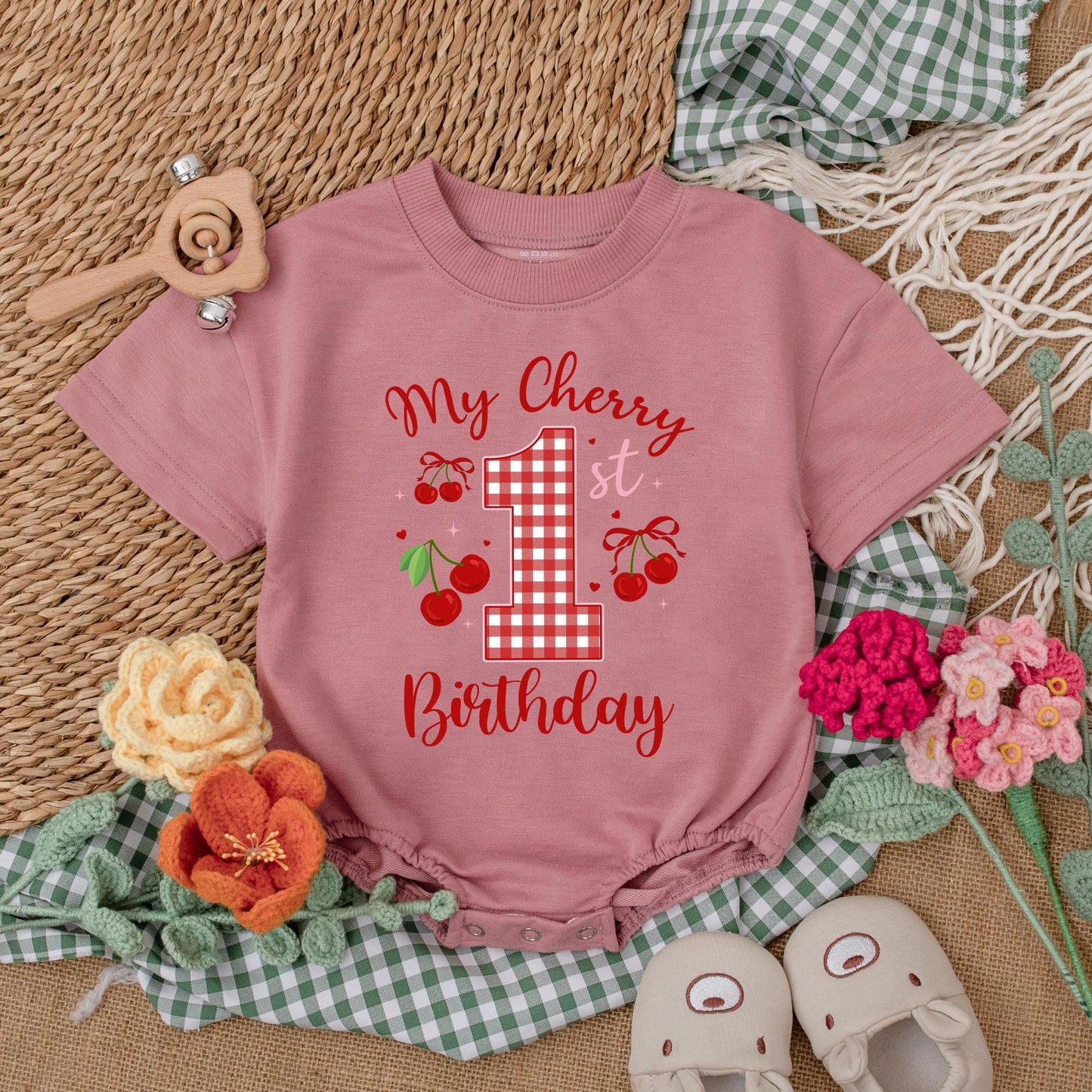 Sweet One Cherry 1st Birthday Outfit Baby Girl Bubble Romper Bodysuit Set with Pink Bow Adorable First Birthday Clothes Baby Shower Gift 136