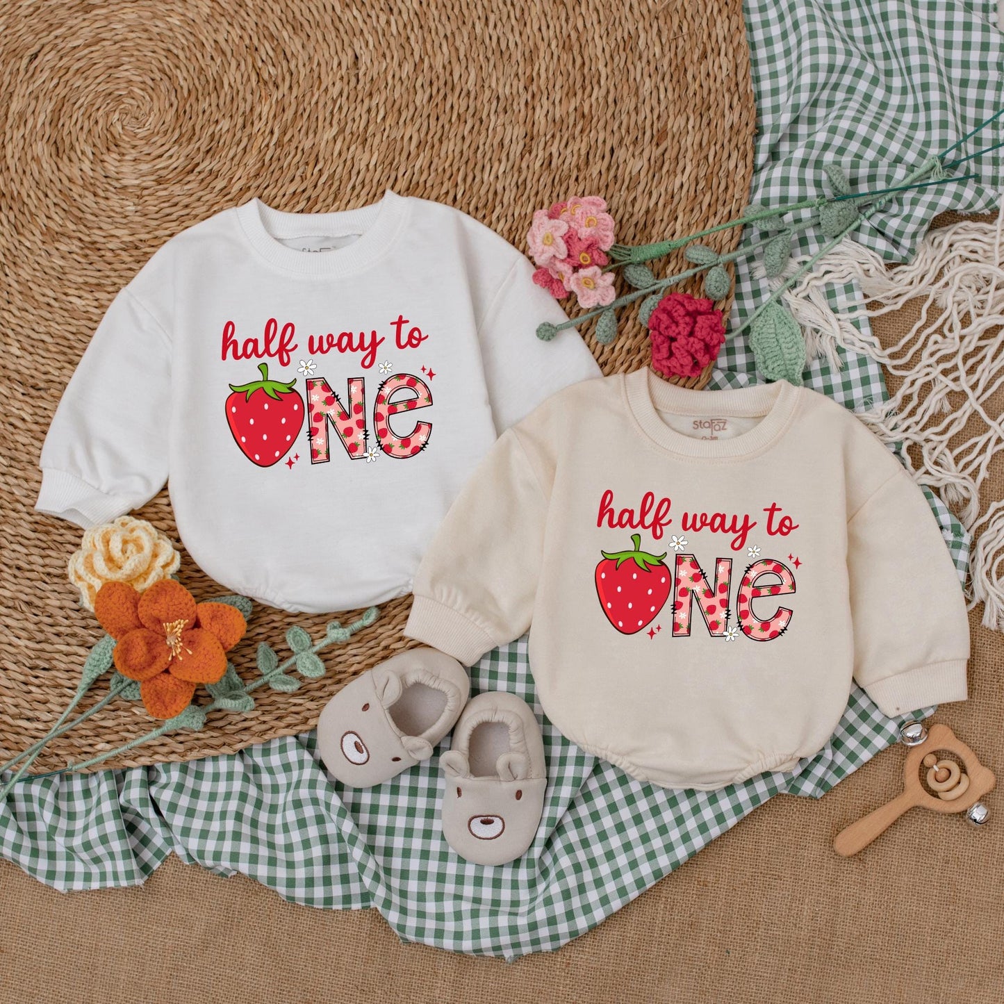 Personalized Berry Half Way To One Romper 6 Months Baby Girl Birthday Outfit Strawberry Theme Bodysuit Sweet Half Birthday Gift