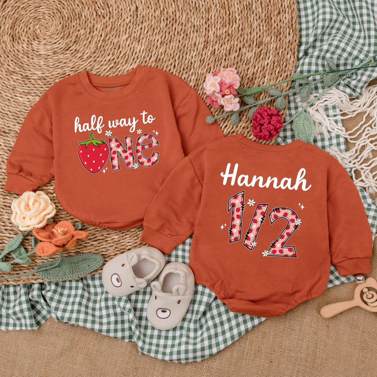Personalized Berry Half Way To One Romper 6 Months Baby Girl Birthday Outfit Strawberry Theme Bodysuit Sweet Half Birthday Gift