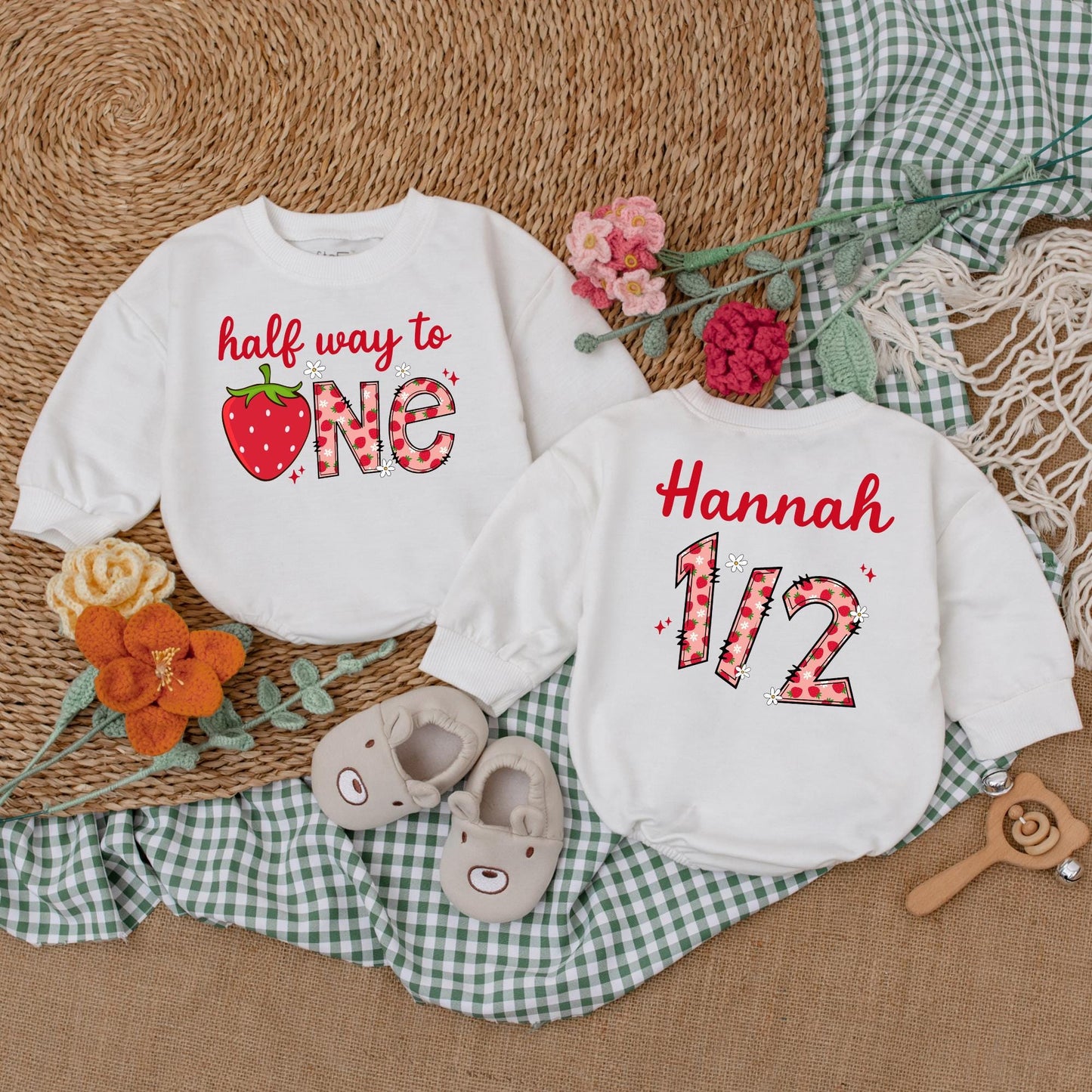 Personalized Berry Half Way To One Romper 6 Months Baby Girl Birthday Outfit Strawberry Theme Bodysuit Sweet Half Birthday Gift
