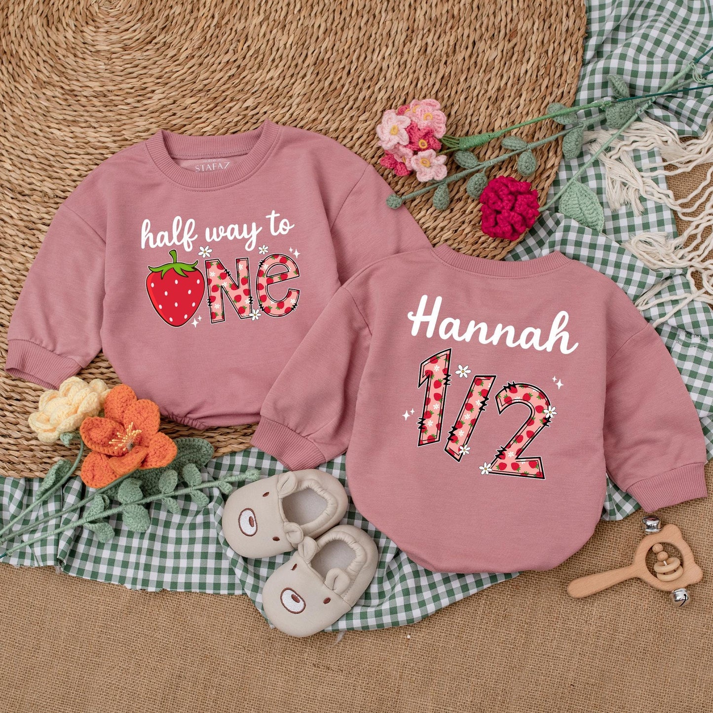 Personalized Berry Half Way To One Romper 6 Months Baby Girl Birthday Outfit Strawberry Theme Bodysuit Sweet Half Birthday Gift