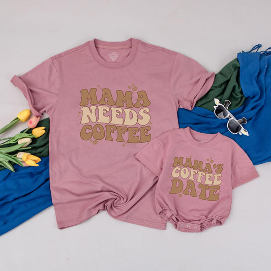 Personalized Mama Needs Coffee and Baby’s Coffee Date Matching Shirts Mom Mini Outfit New Mom Gift Mothers Day Tee Comfortable Cotton