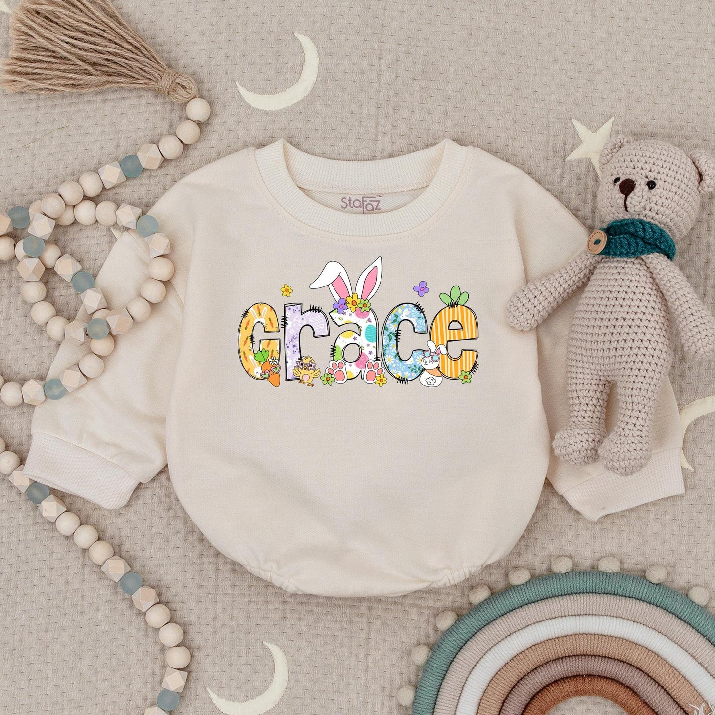 Personalized Easter Baby Bodysuit Grace Design, Custom Name Outfit with Bunny Ears & Floral Details, First Easter Bodysuit Spring Newborn Gift (136 chars)