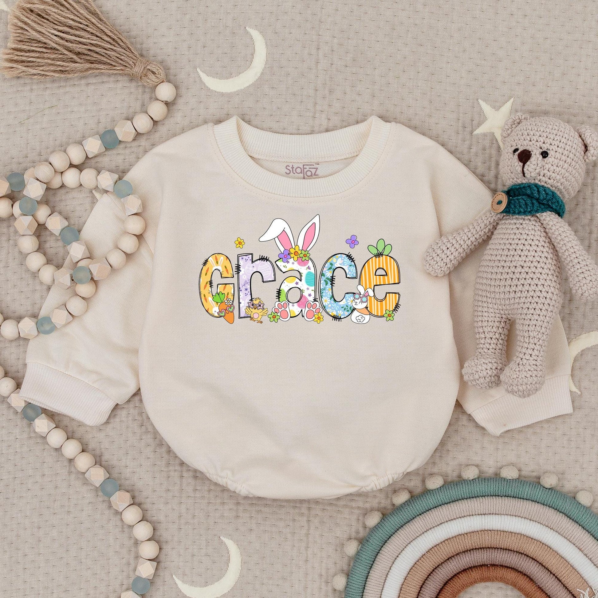 Personalized Easter Baby Bodysuit Grace Design, Custom Name Outfit with Bunny Ears & Floral Details, First Easter Bodysuit Spring Newborn Gift (136 chars)