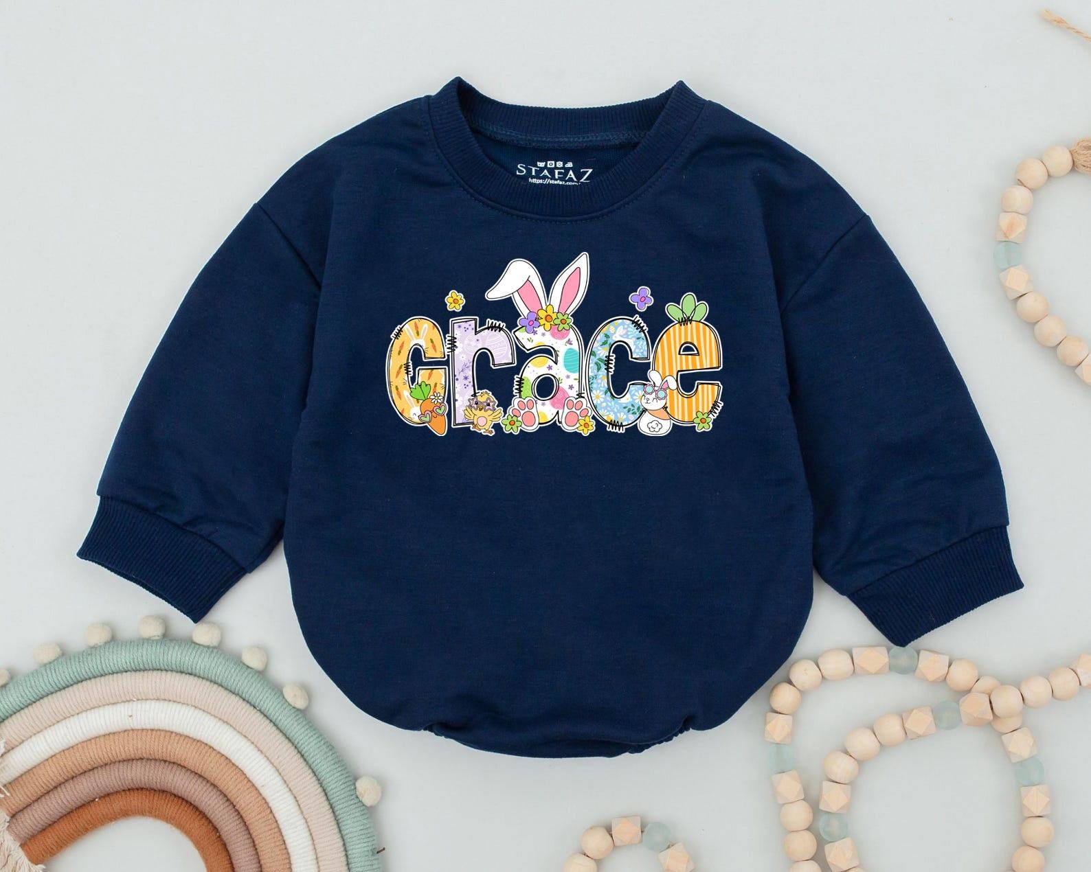 Personalized Easter Baby Bodysuit Grace Design, Custom Name Outfit with Bunny Ears & Floral Details, First Easter Bodysuit Spring Newborn Gift (136 chars)