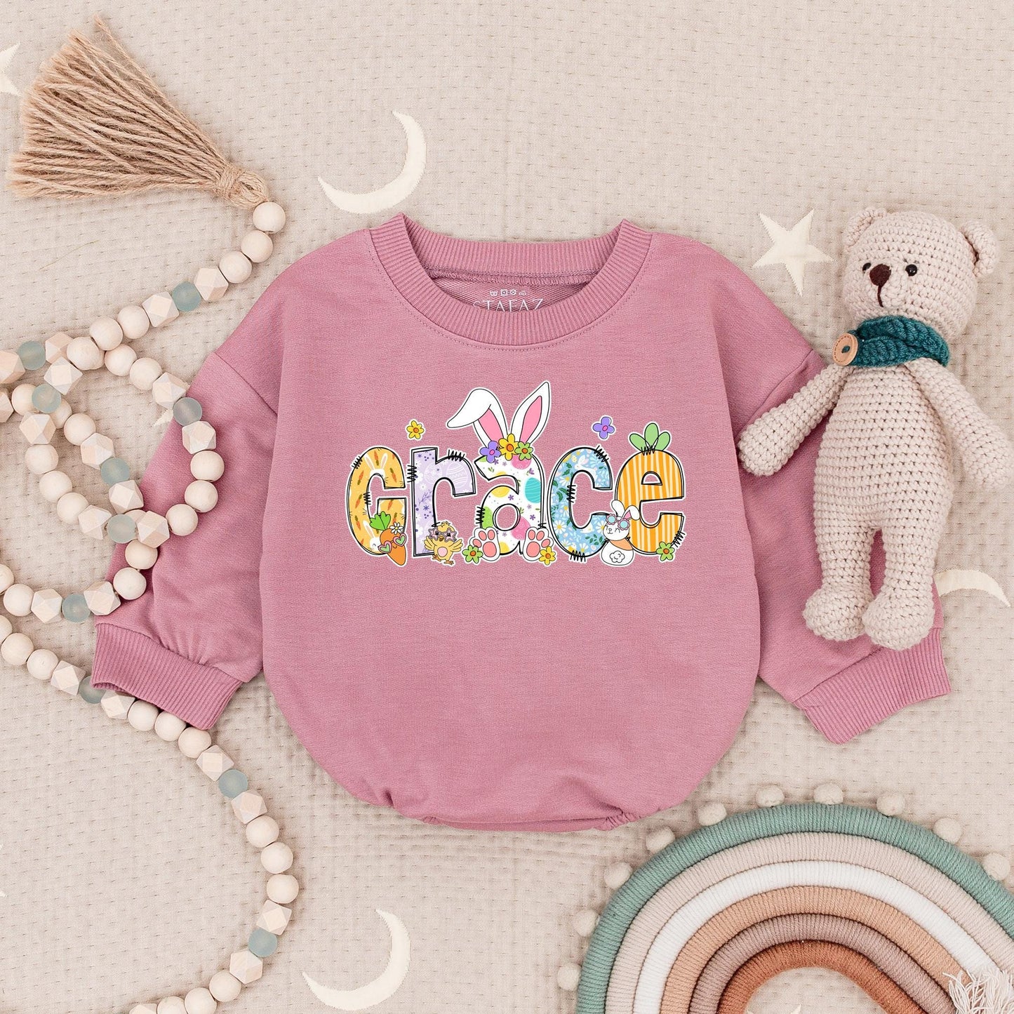 Personalized Easter Baby Bodysuit Grace Design, Custom Name Outfit with Bunny Ears & Floral Details, First Easter Bodysuit Spring Newborn Gift (136 chars)
