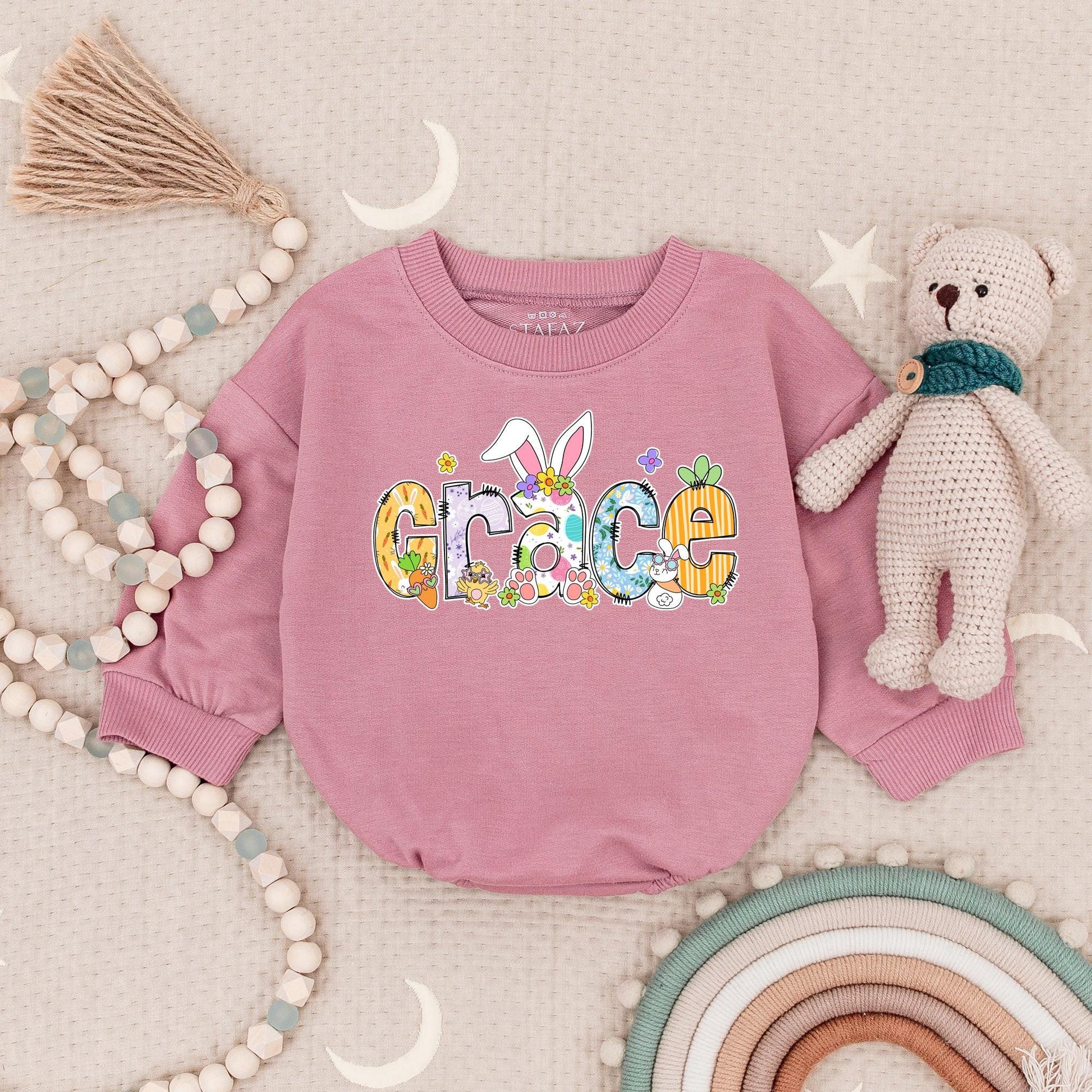 Personalized Easter Baby Bodysuit Grace Design, Custom Name Outfit with Bunny Ears & Floral Details, First Easter Bodysuit Spring Newborn Gift (136 chars)