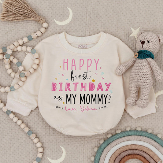 Happy 1st Birthday as my Mommy Baby Romper, Selena's First Birthday Outfit, Cute Birthday Girl Bodysuit, Mommy's Gift, Star & Hearts Design (137 chars)