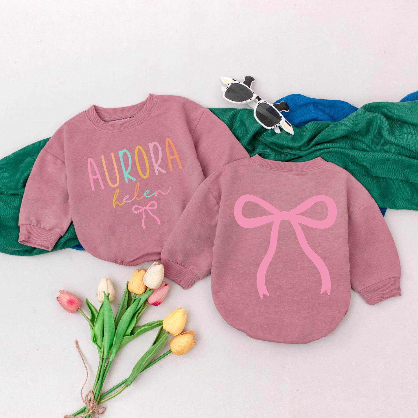 Pastel Rainbow Aurora "helen" Baby Girl Romper Pink Bow Birthday Outfit Personalized Infant Shower Gift
