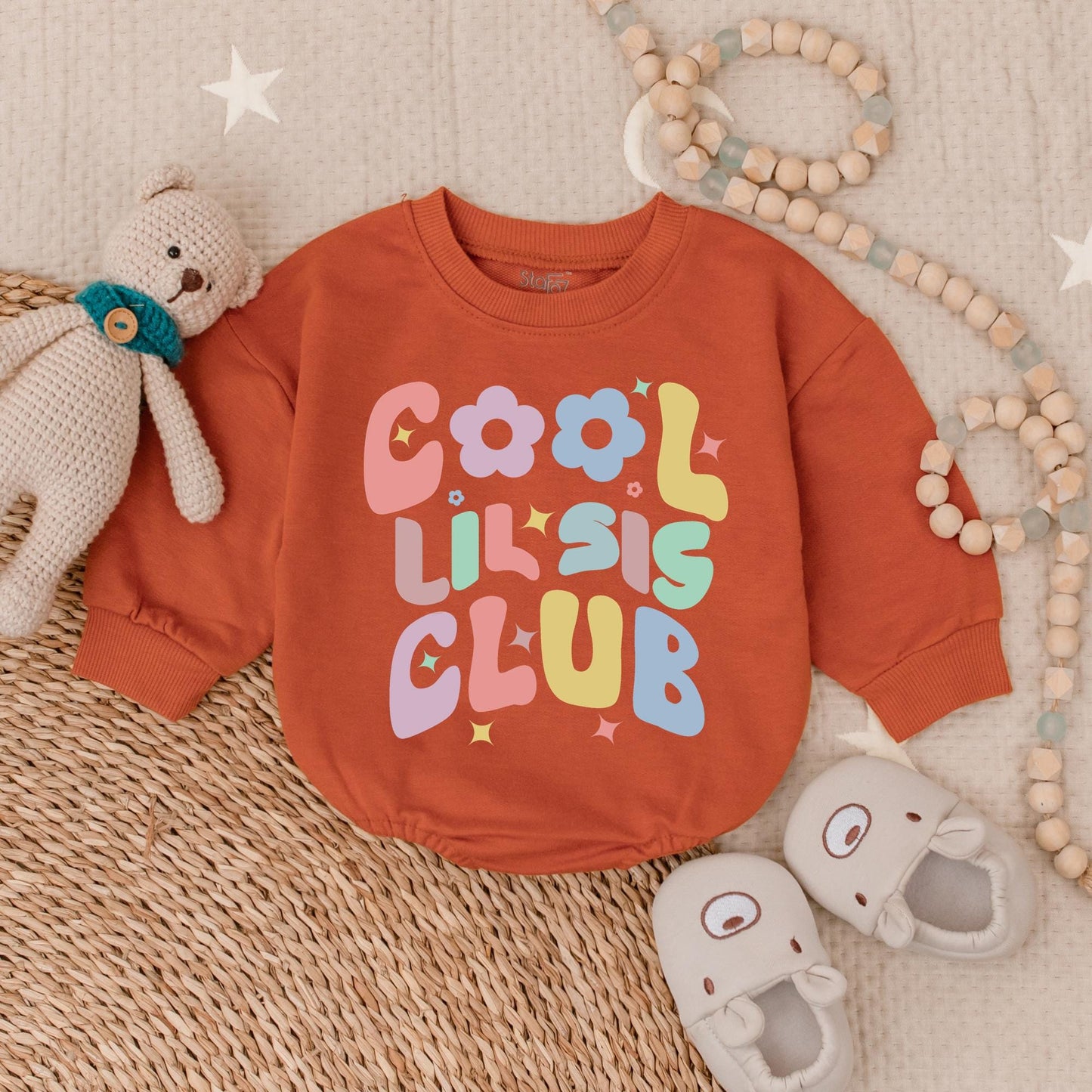Cool Lil Sis Club Baby Romper with Floral Design - Little Sister Clothes Birthday Gift Baby Shower Gift for Newborn Girls, Bubble Romper Outfit