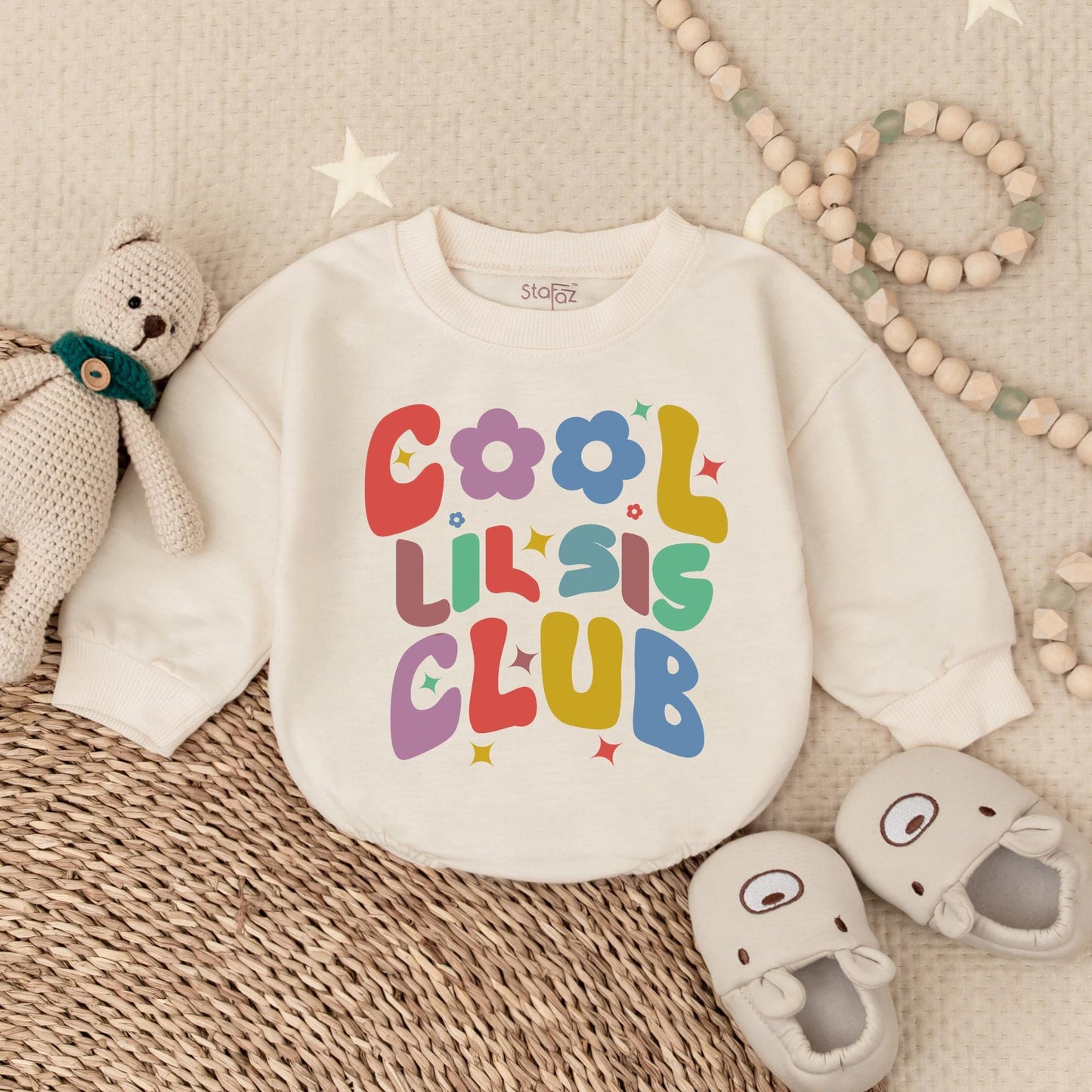 Cool Lil Sis Club Baby Romper with Floral Design - Little Sister Clothes Birthday Gift Baby Shower Gift for Newborn Girls, Bubble Romper Outfit