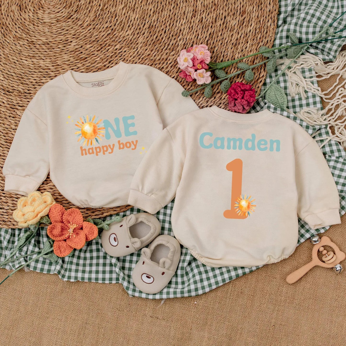 One Happy Boy 1st Birthday Romper Boho Sun Design First Trip Around The Sun Baby Bodysuit Summer Sunshine Outfit Gift