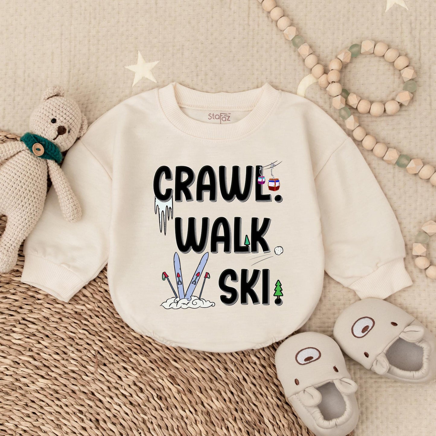 Crawl Walk Ski Baby Romper Sweatshirt – Funny Baby Skiing Outfit – Perfect for Winter – Customizable Baby Sweatshirt for Skiing Families