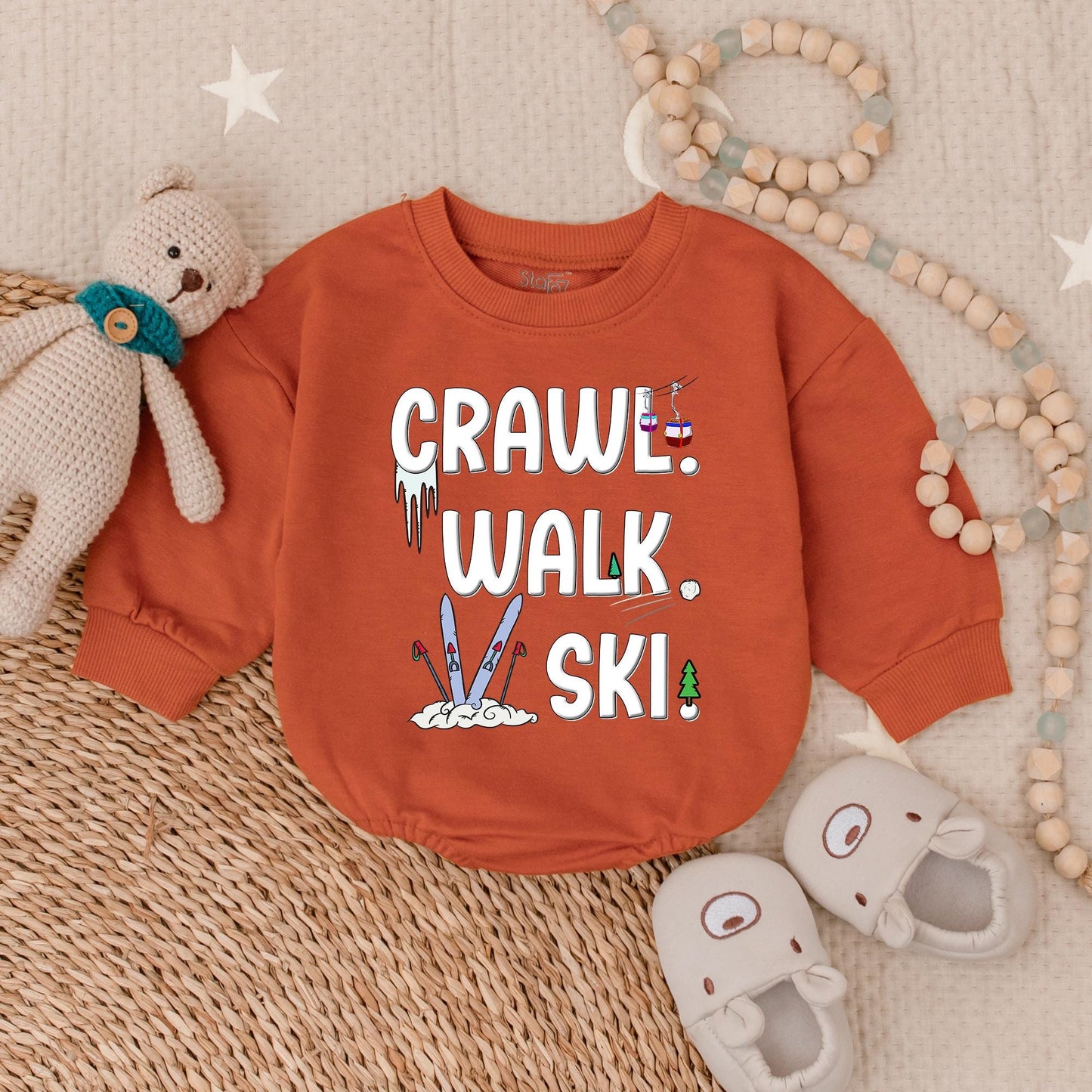 Crawl Walk Ski Baby Romper Sweatshirt – Funny Baby Skiing Outfit – Perfect for Winter – Customizable Baby Sweatshirt for Skiing Families