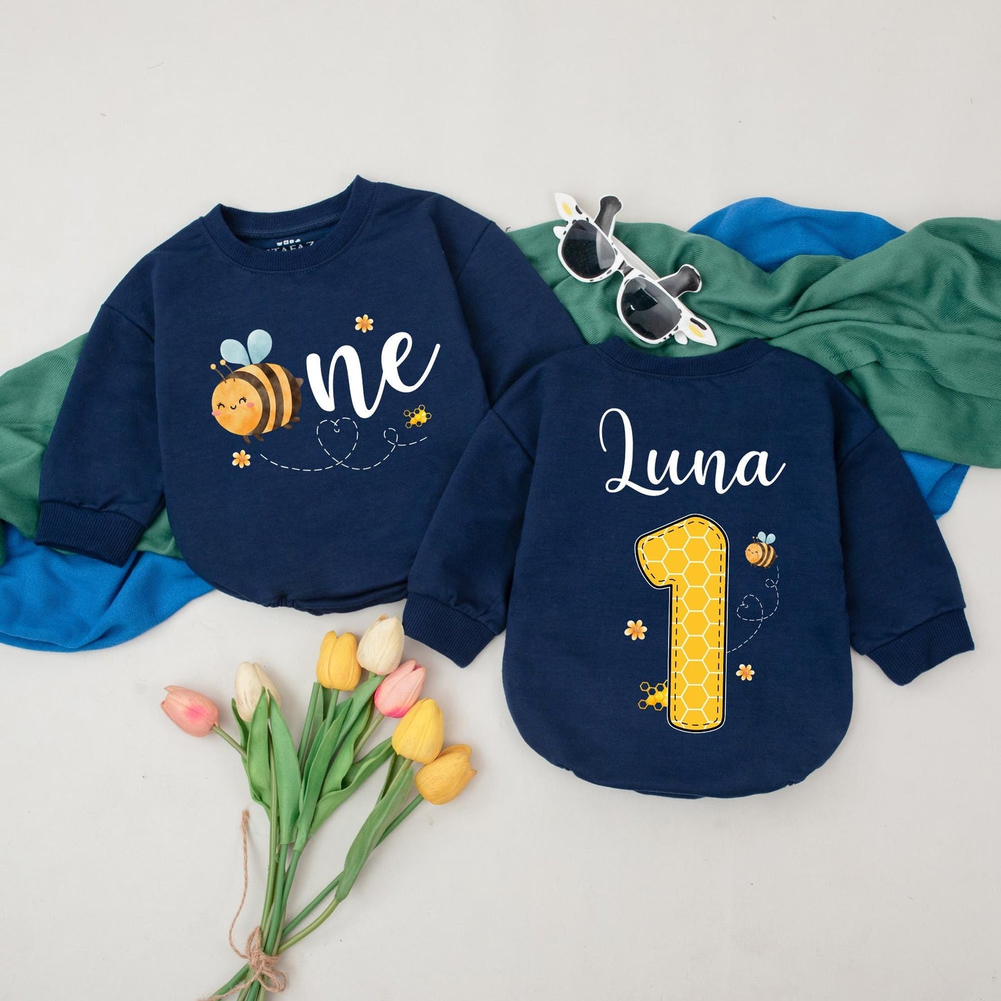 Sweet Bee First Birthday Romper, Personalized Bumble Bee Outfit, Custom Name 1st Bee Day Bodysuit, Infant Girl or Boy, Honey Bee Party Gift (140 chars)