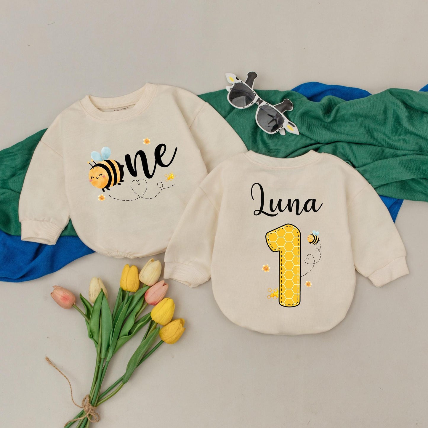 Sweet Bee First Birthday Romper, Personalized Bumble Bee Outfit, Custom Name 1st Bee Day Bodysuit, Infant Girl or Boy, Honey Bee Party Gift (140 chars)