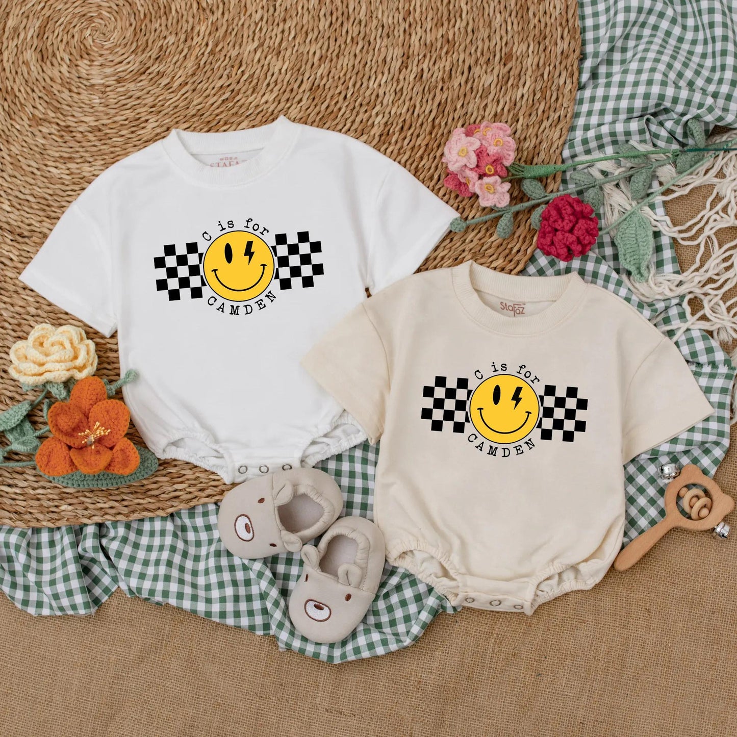 Personalized Name Checkered Happy Dude Romper Baby Boy Clothes First Birthday Outfit Custom Baby Shower Gift