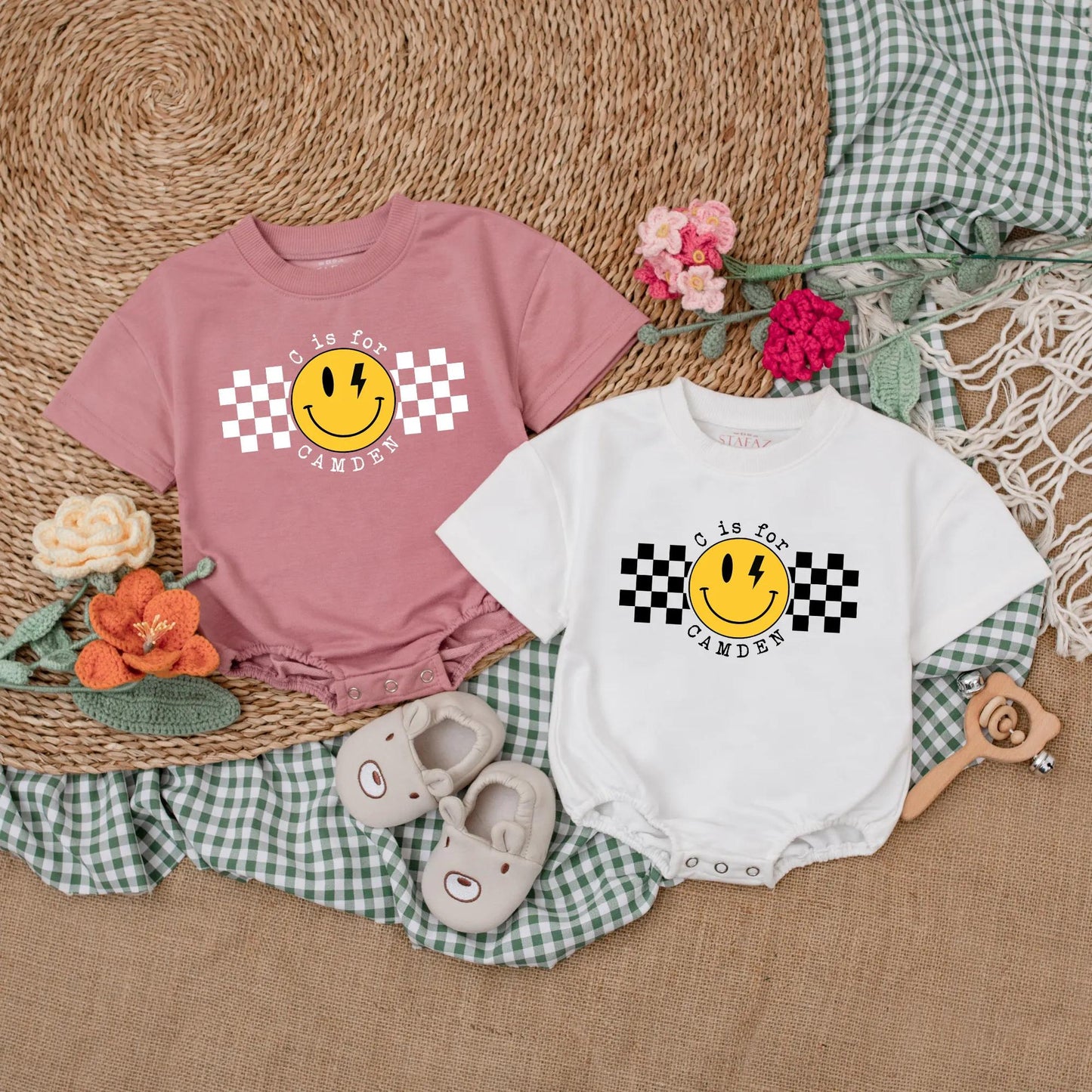 Personalized Name Checkered Happy Dude Romper Baby Boy Clothes First Birthday Outfit Custom Baby Shower Gift