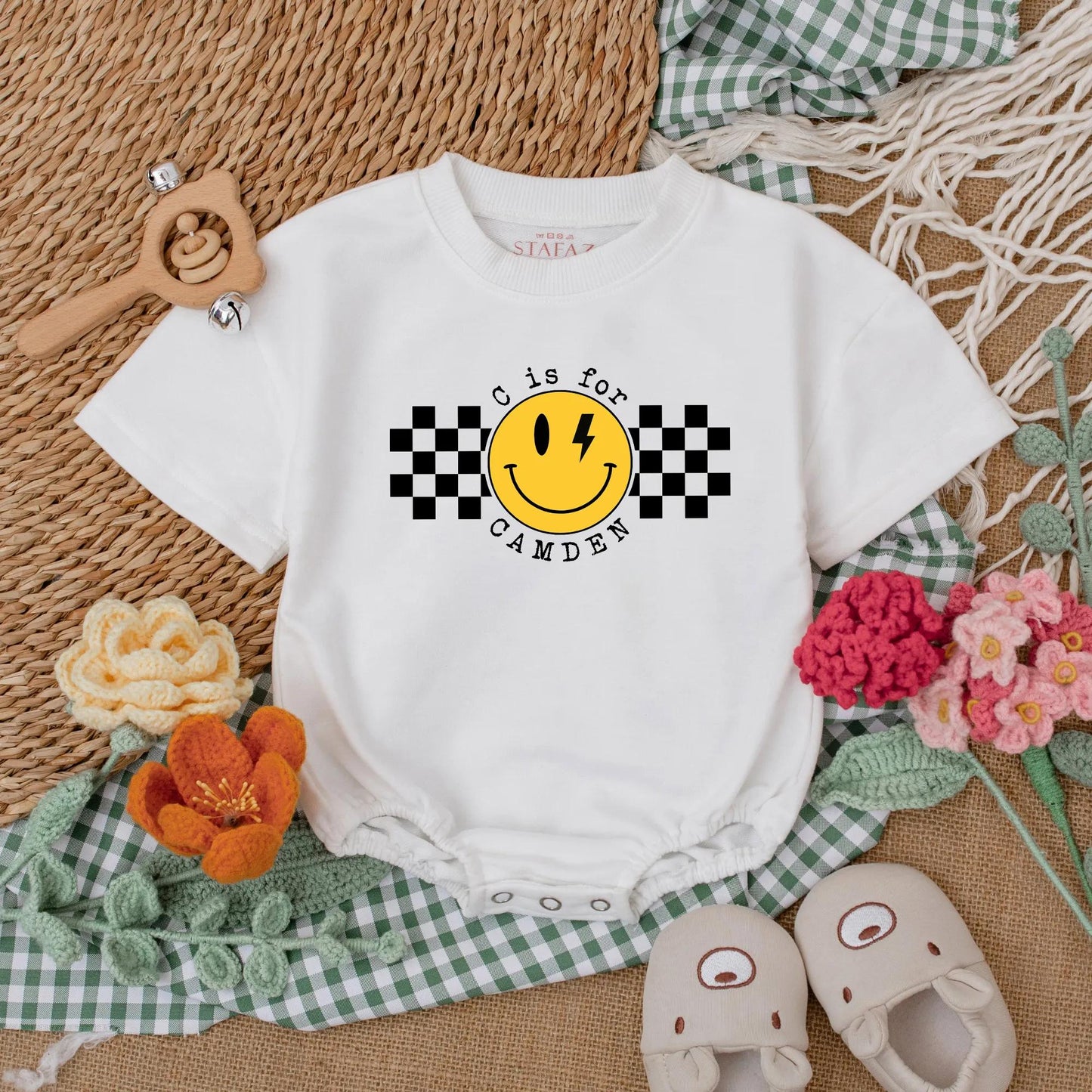 Personalized Name Checkered Happy Dude Romper Baby Boy Clothes First Birthday Outfit Custom Baby Shower Gift