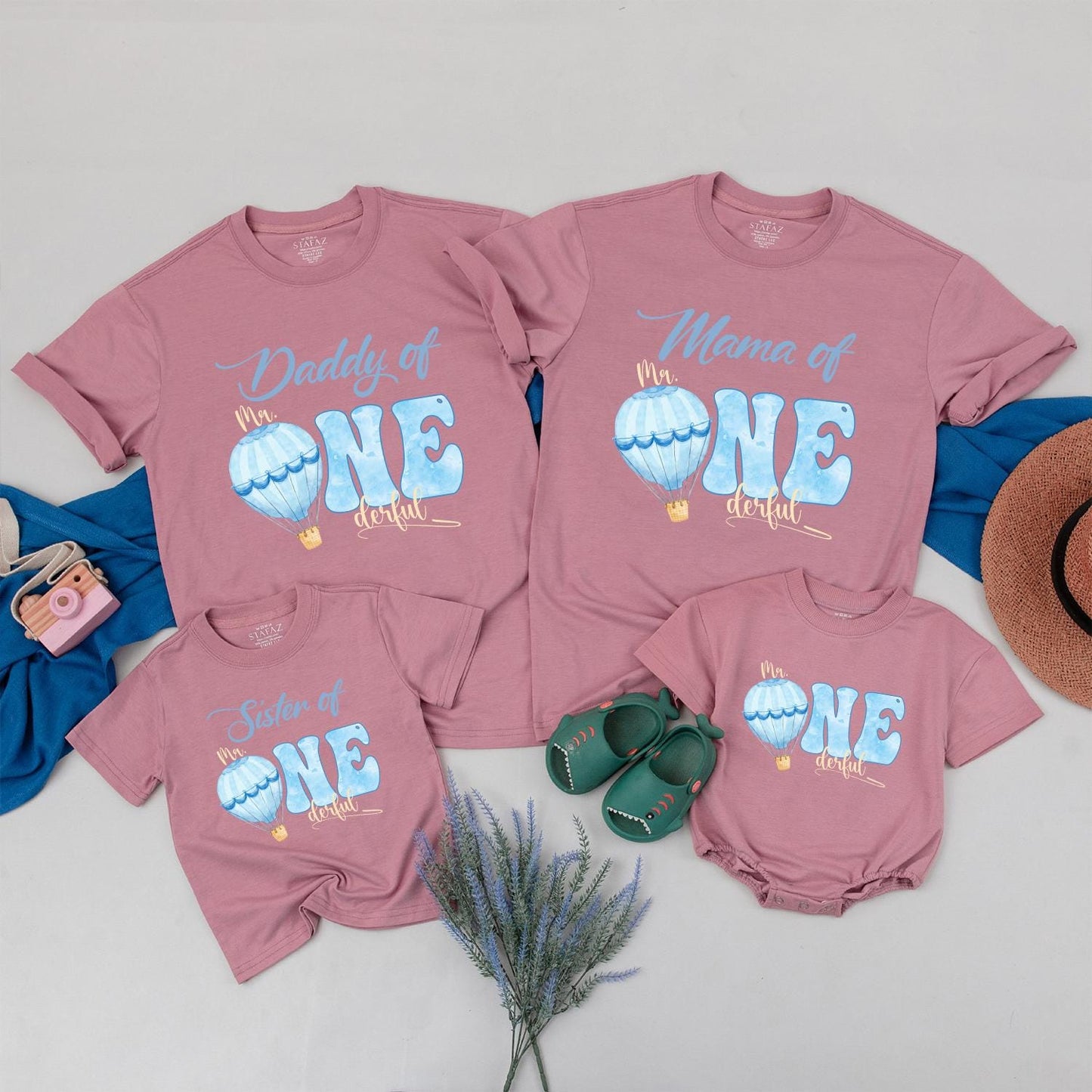 Little Mr Onederful Blue Air Balloon Birthday Shirt for Boys First Birthday Party Outfit Mr One Derful Tee