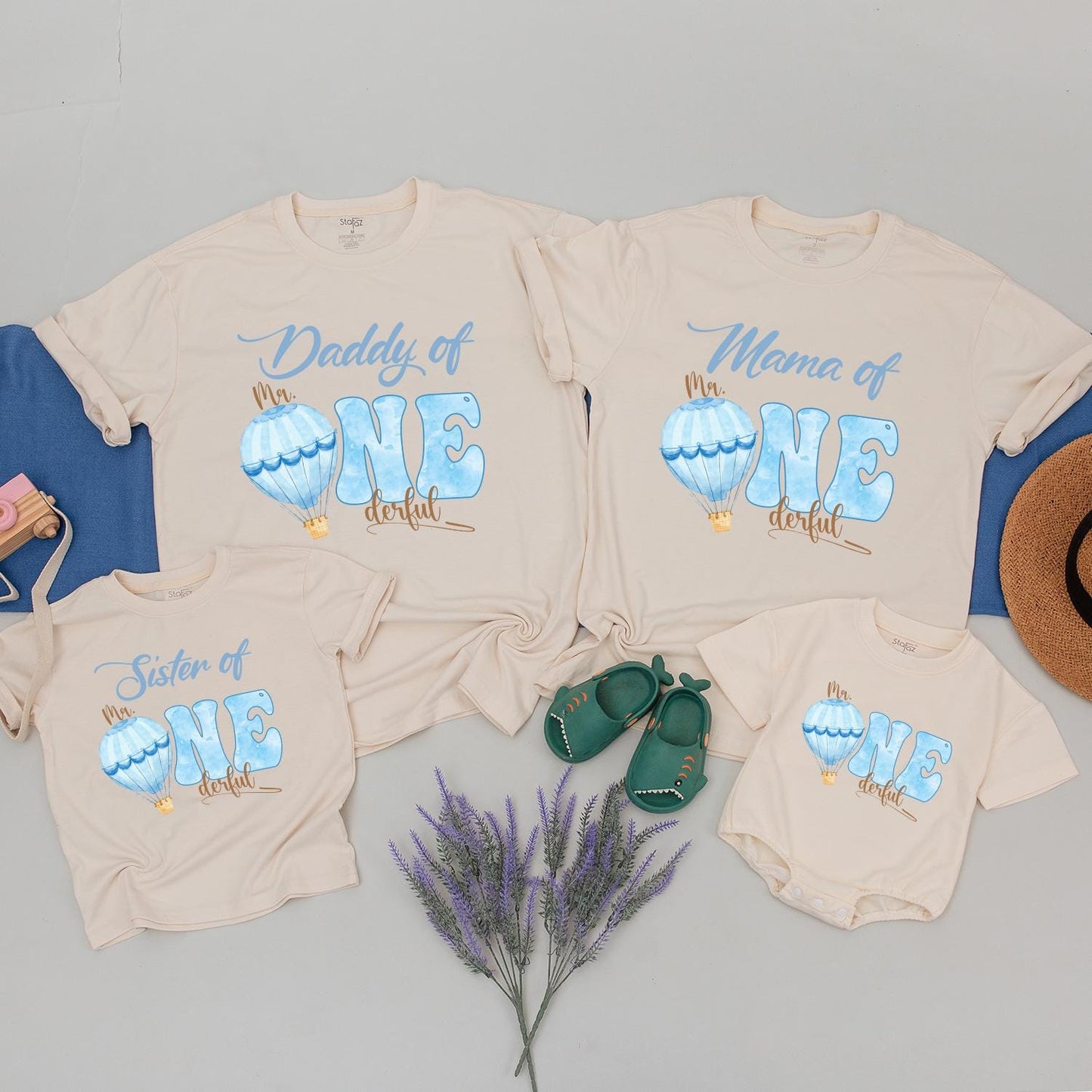 Little Mr Onederful Blue Air Balloon Birthday Shirt for Boys First Birthday Party Outfit Mr One Derful Tee